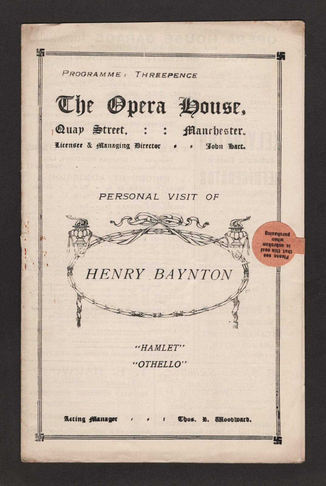 Henry Baynton as “HAMLET” and “OTHELLO” 1930 Manchester, England Playbill
