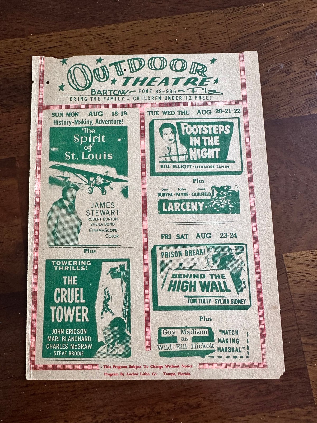 Vintage Outdoor Theatre Program Bartow FL Movie Ads James Stewart Spirit St Loui