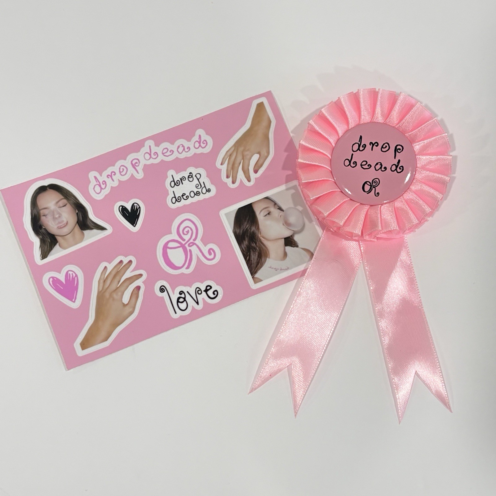 Olivia Rodrigo Drop Dead Karaoke Party Pink Ribbon Pin And Sticker Set