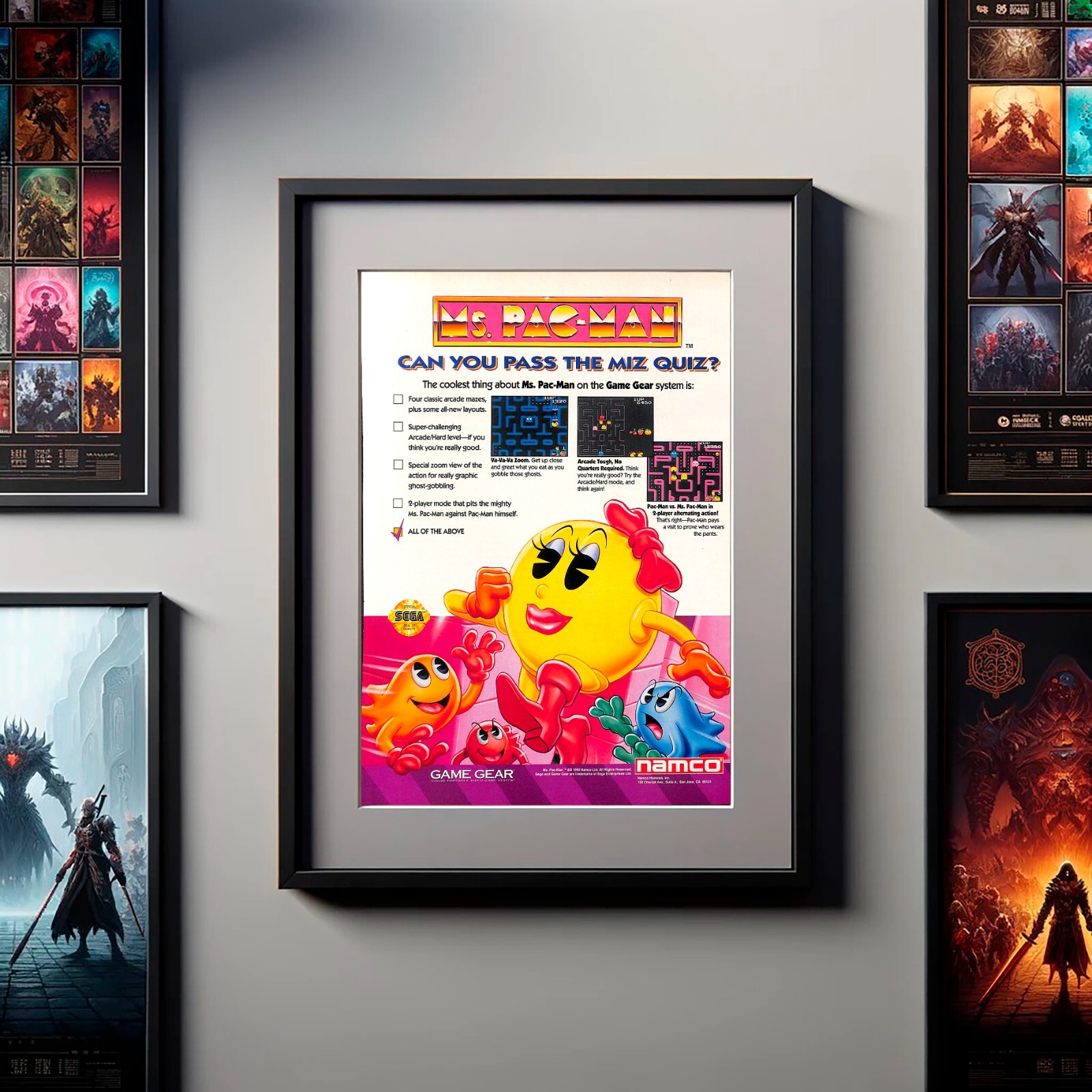 1994 Ms Pac-Man Retro Video Game PRINT AD Namco Game Gear Art