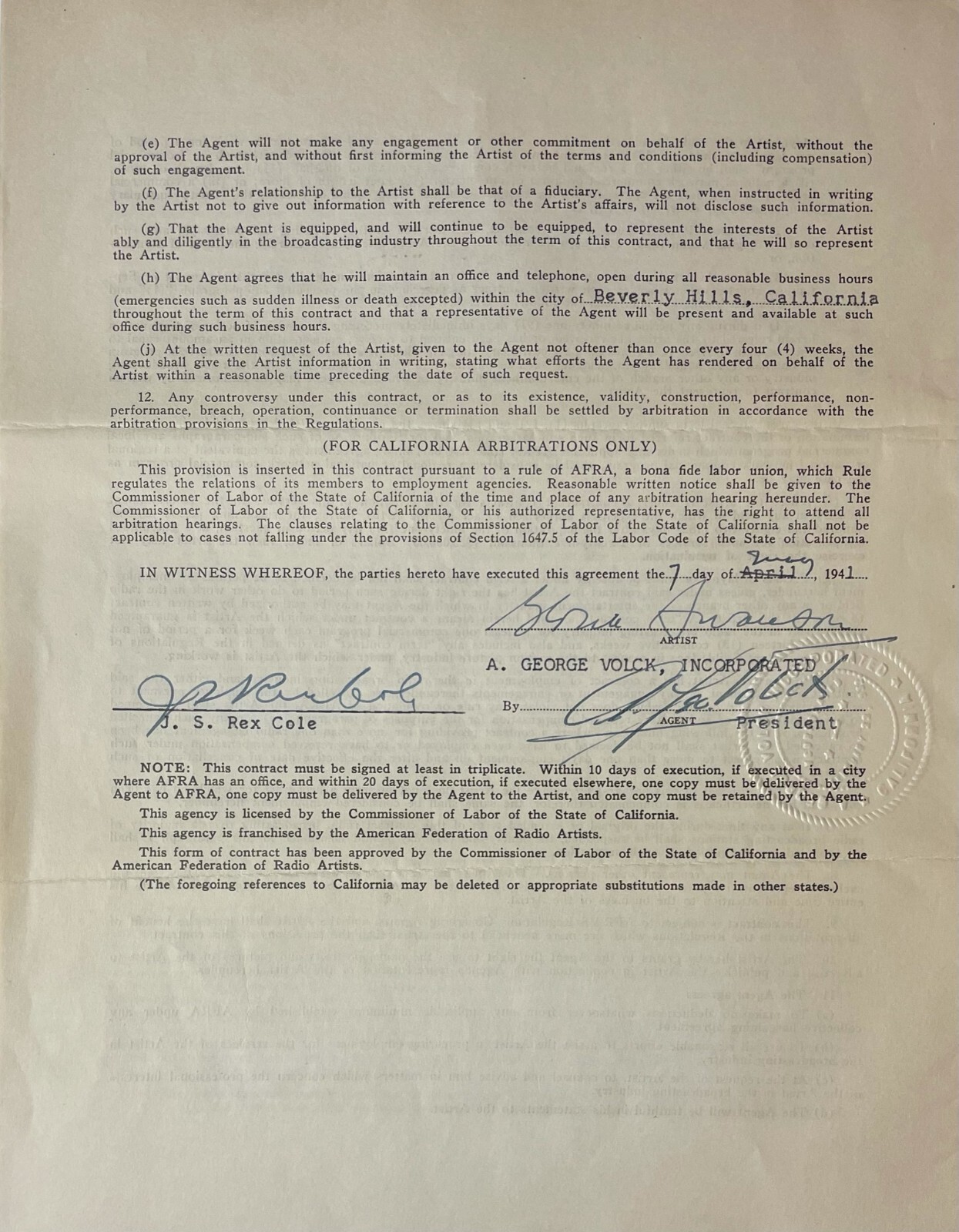 GLORIA SWANSON Signed Autographed AFRA Agency Contract Document 1941 ACTRESS