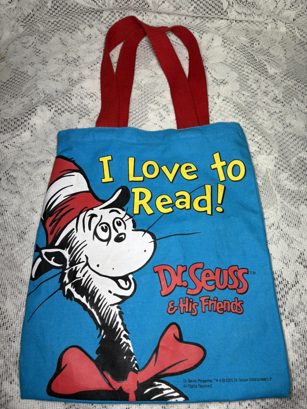 Dr. Seuss & His Friends I Love To Read! Blue & Red Canvas Tote Style Book Bag