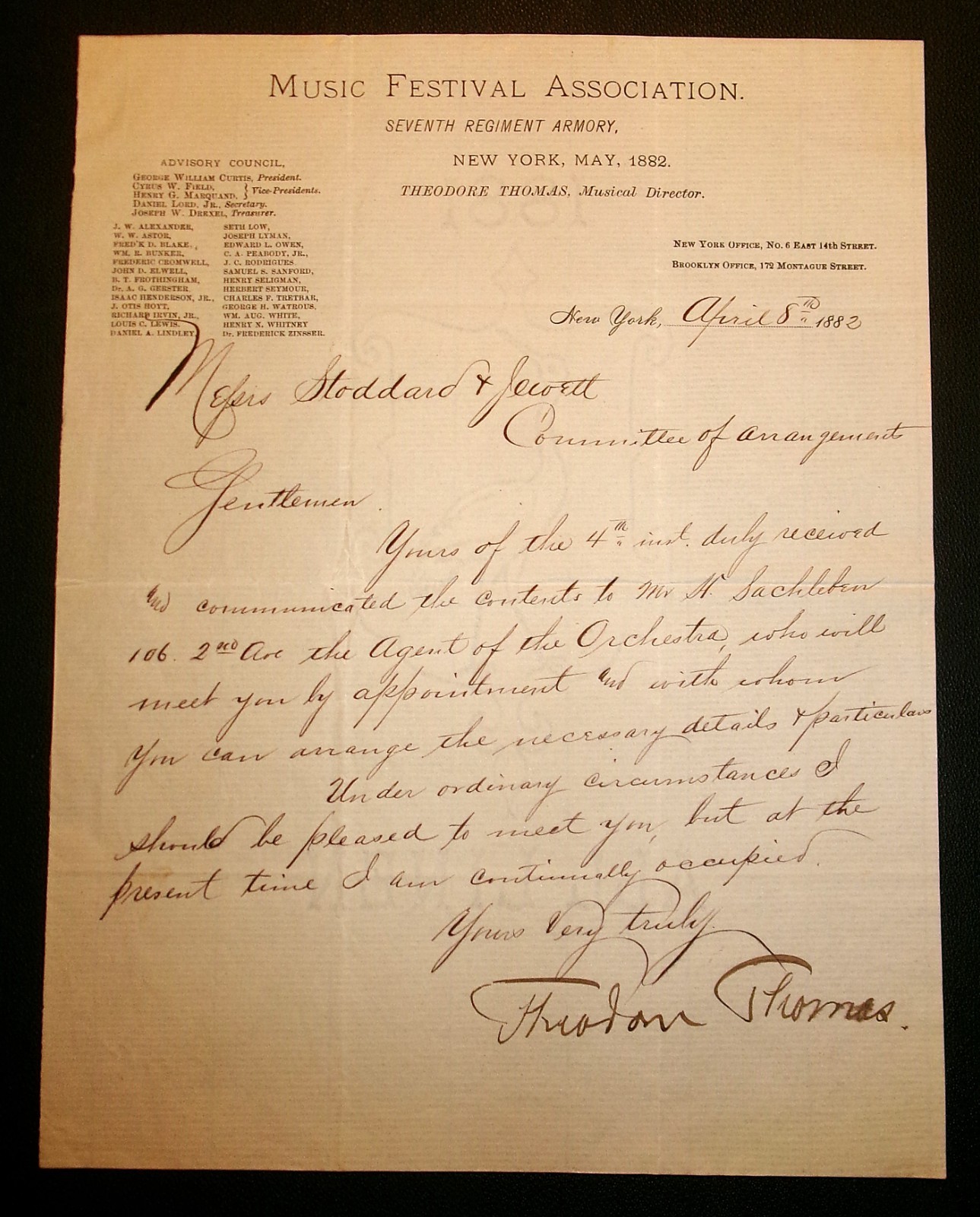 Theodore Thomas 1882 Conductor Violinist Signed Letter Chicago Symphony RARE