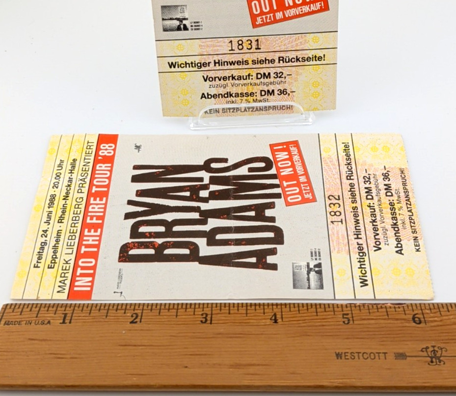 Bryan Adams June 1988 – Into The Fire Tour – Jumbo Ticket Stubs Germany Lot of 2