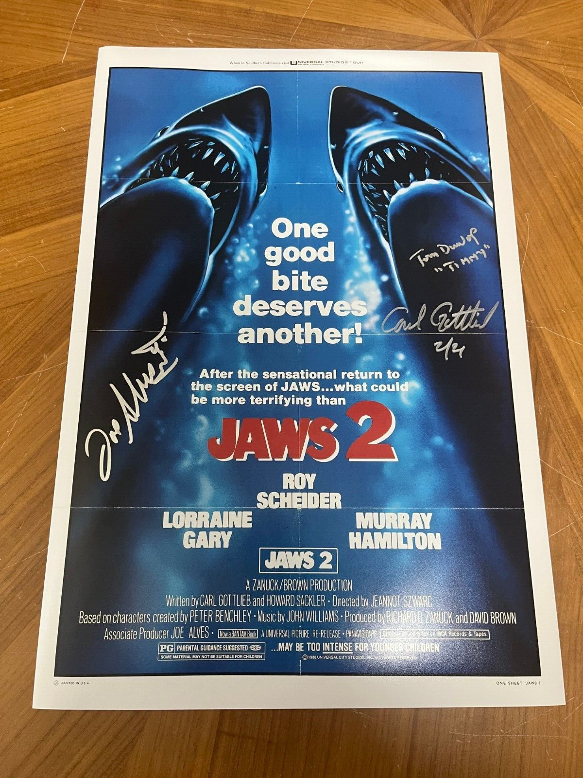 * JAWS 2 * signed 12×18 poster * CARL GOTTLIEB, JOE ALVES & TOM DUNLOP * 12