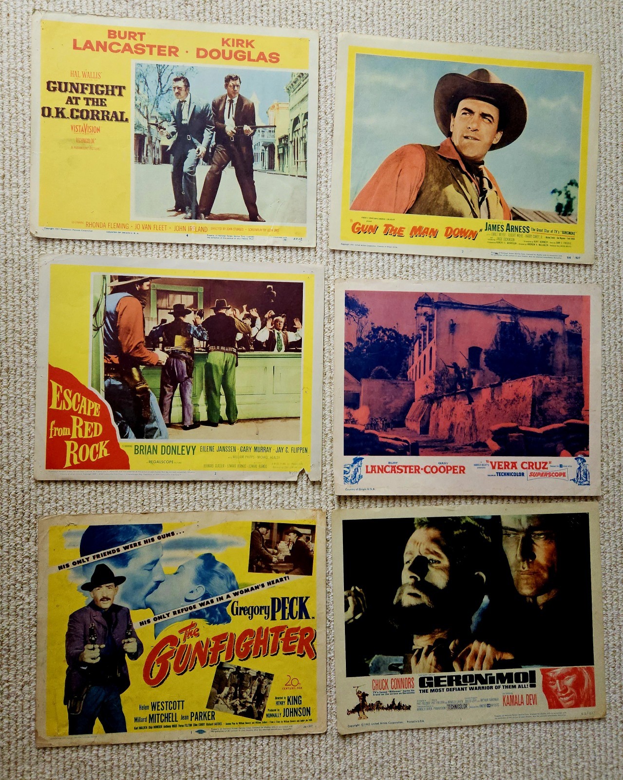 Lot of 6 original 11×14 lobby cards for Westerns- Burt Lancaster, Gregory Peck