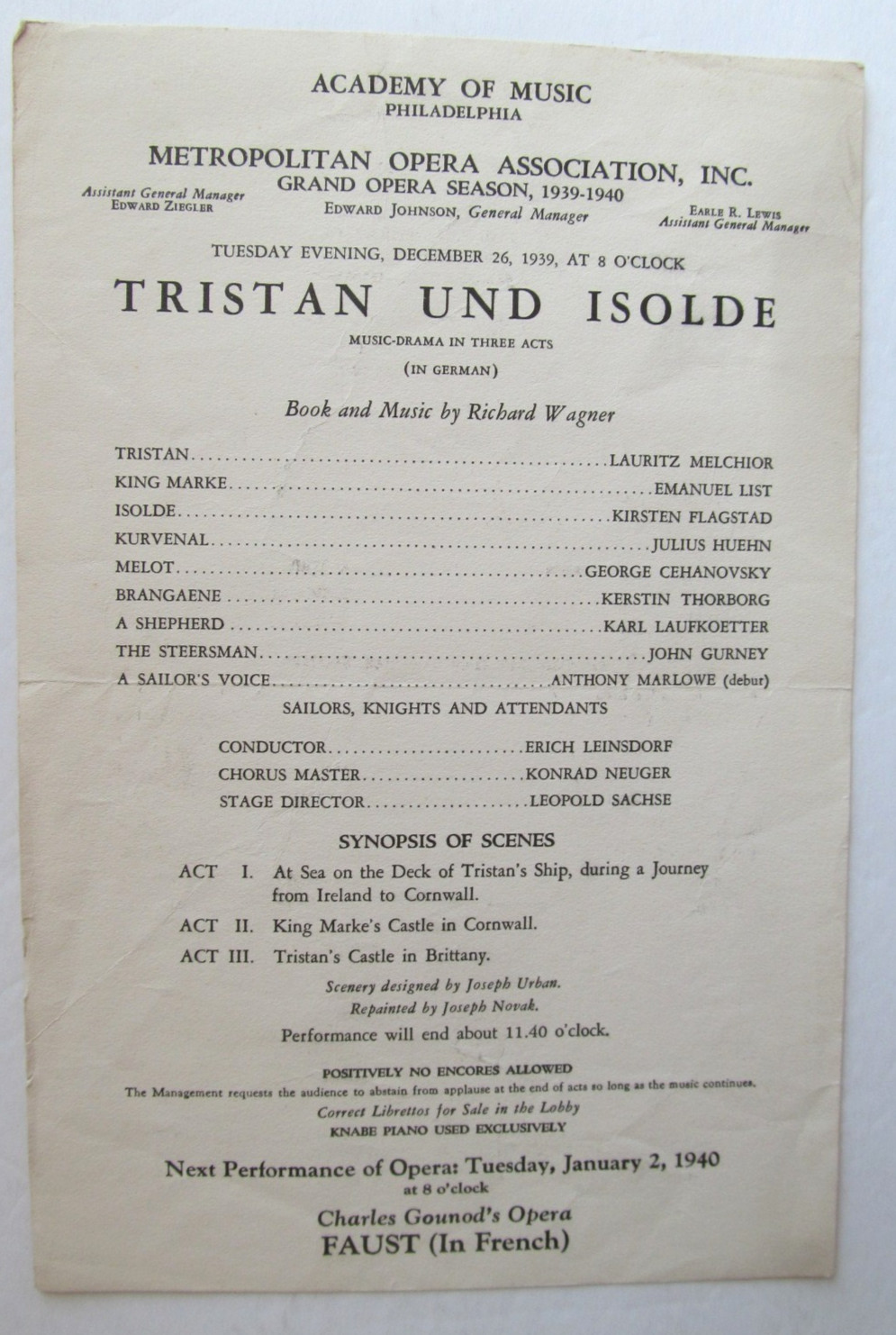 Program- Tristan und Isolde – 1939 – Met Opera Philadelphia- Flagstad, Melchior