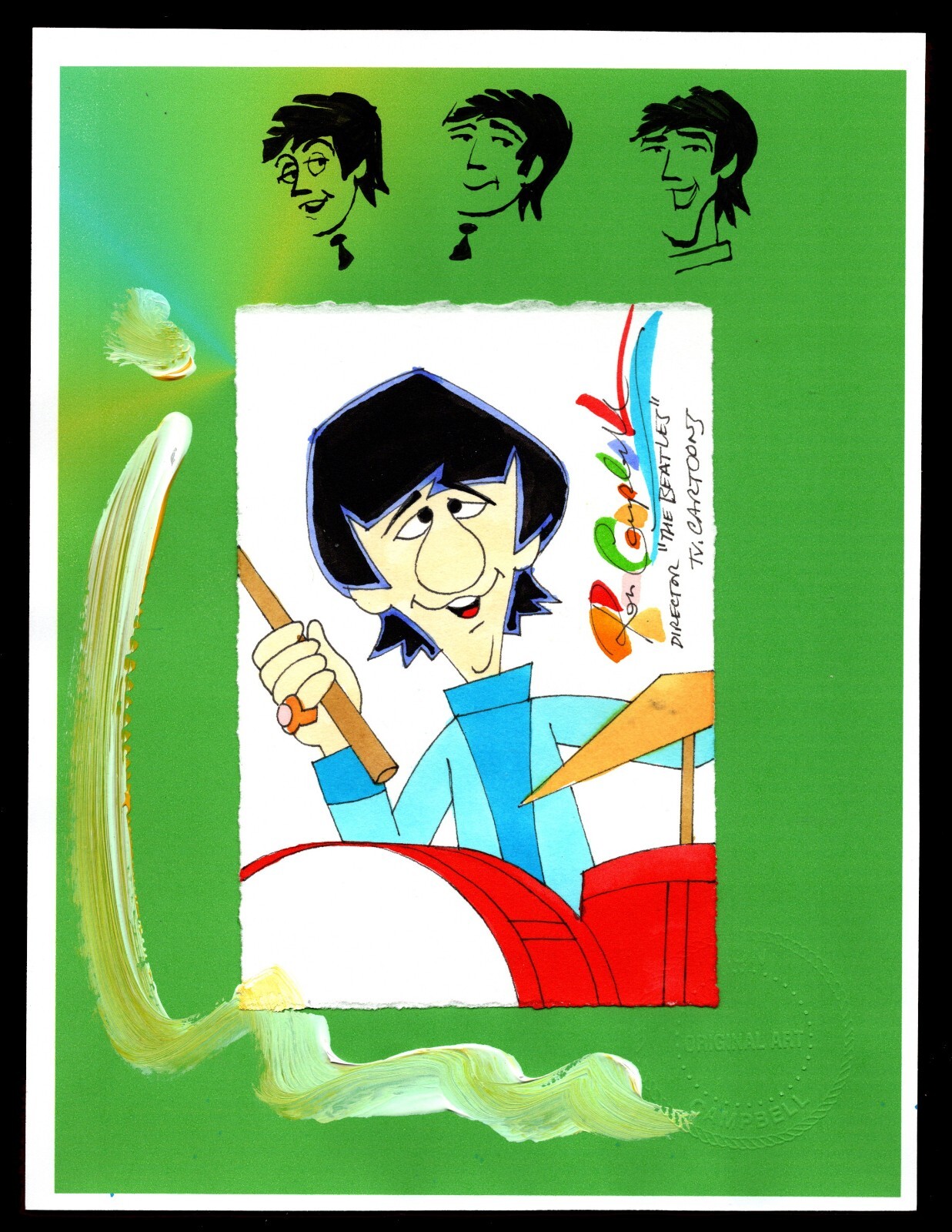 Ron Campbell Beatles: mixed media art of RINGO STARR – Hand Signed Autograph
