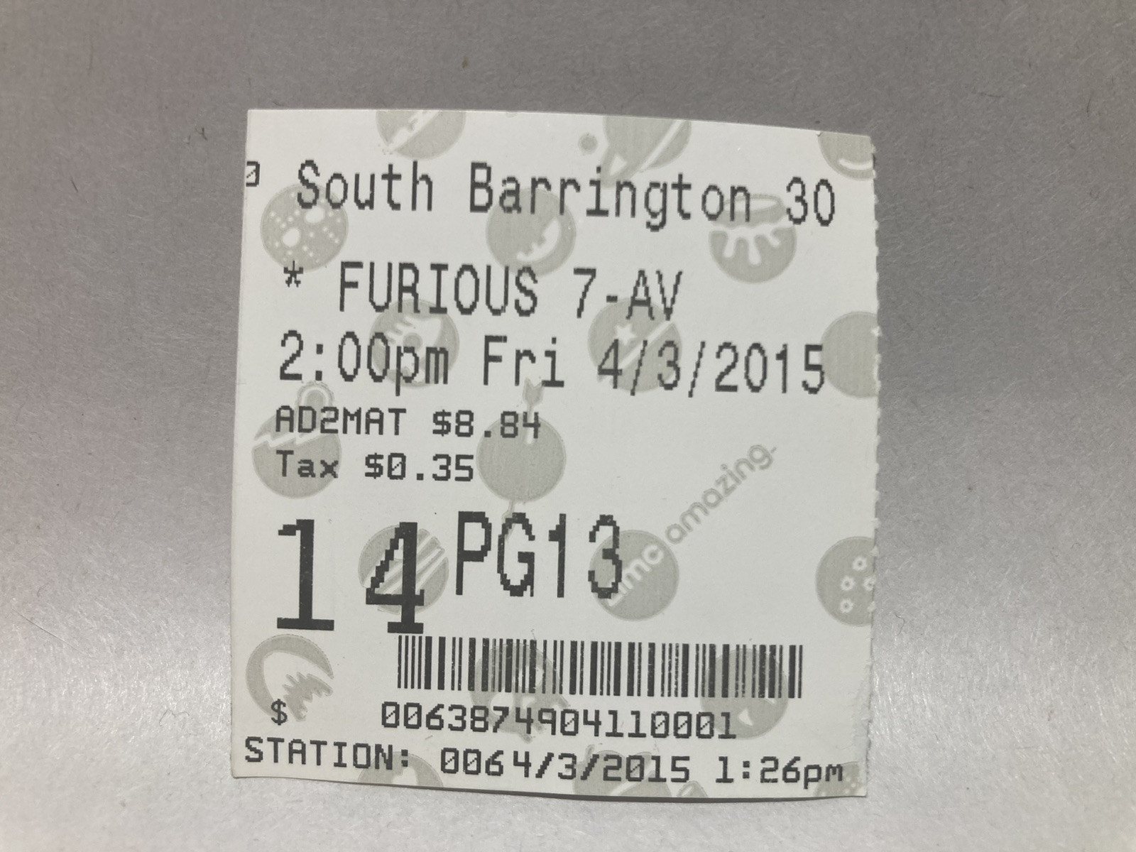 Fast And The Furious 7 Movie Ticket Stub AMC Opening day – Paul’s Last Role
