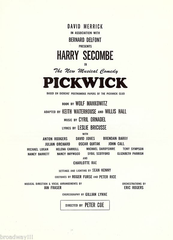 Harry Secombe “PICKWICK” David “Davy” Jones / Charlotte Rae 1965 Tryout Program