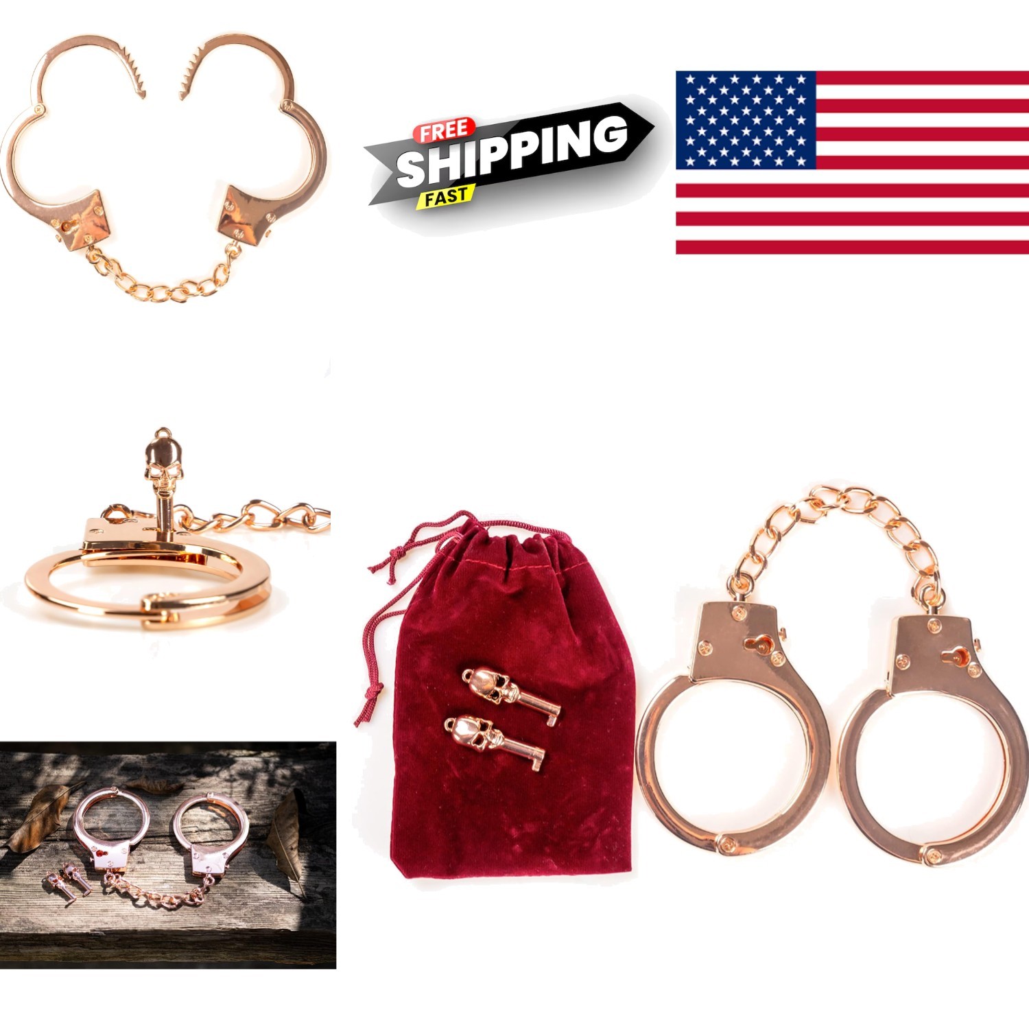 Small Rose Gold Metal Handcuffs with Skull Keys Safe for Children and Adults