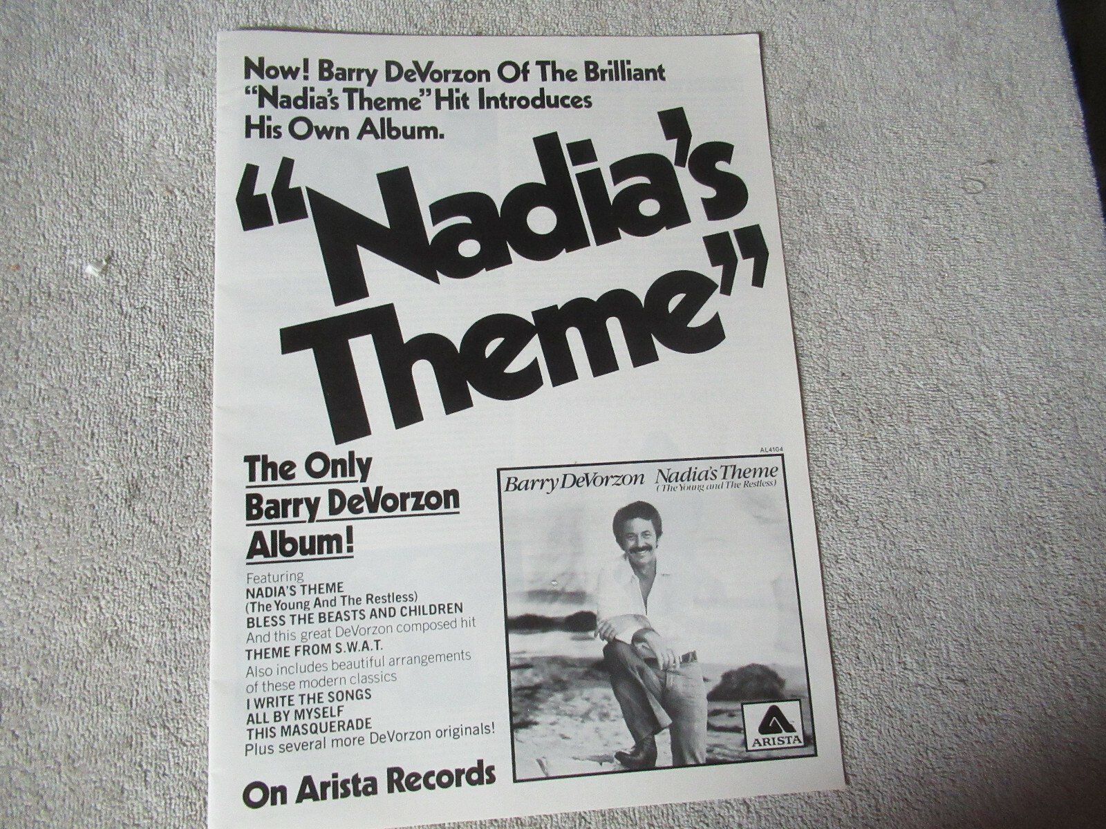 giant 9 7/8 -13 3/8″ BARRY DEVORZON NADIA’S THEME 1976 magizine ad FLYER