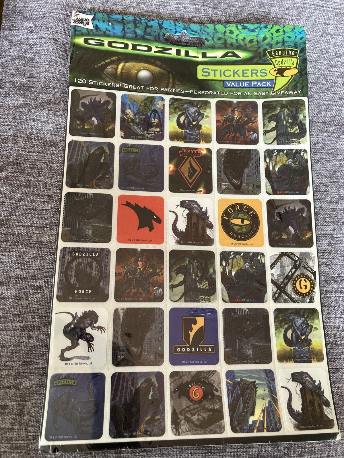 Vintage 1998 Godzilla Movie Mello Smello NOS 120 Sticker Pack RARE NEW, Sealed