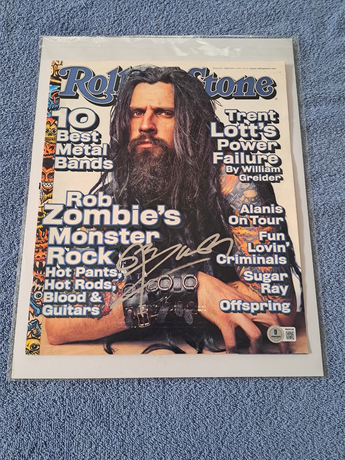 ROB ZOMBIE SIGNED ROLLING STONE MAGAZINE COVER FEB 4, 1999 ISSUE 805 BECKETT COA