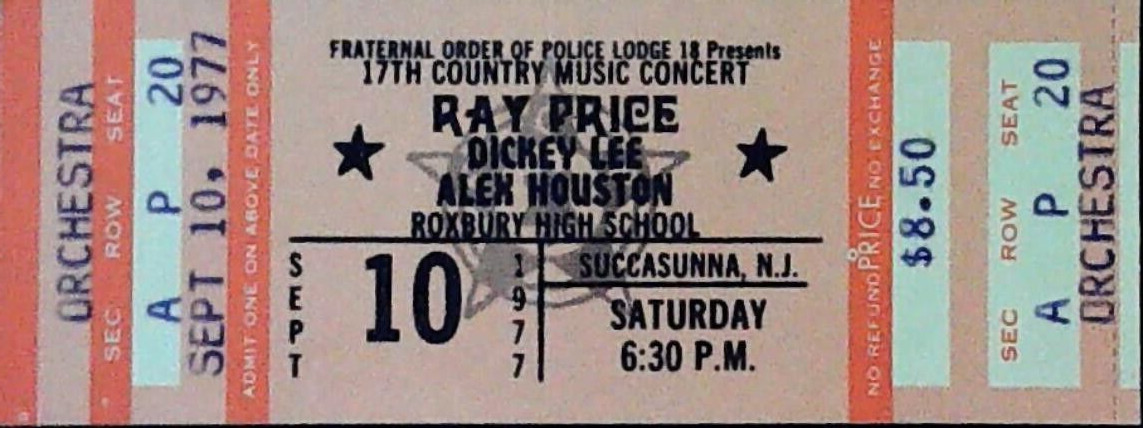 Ray Price Dickey Lee Alex Houston Concert Ticket Stub Roxbury High School 1977