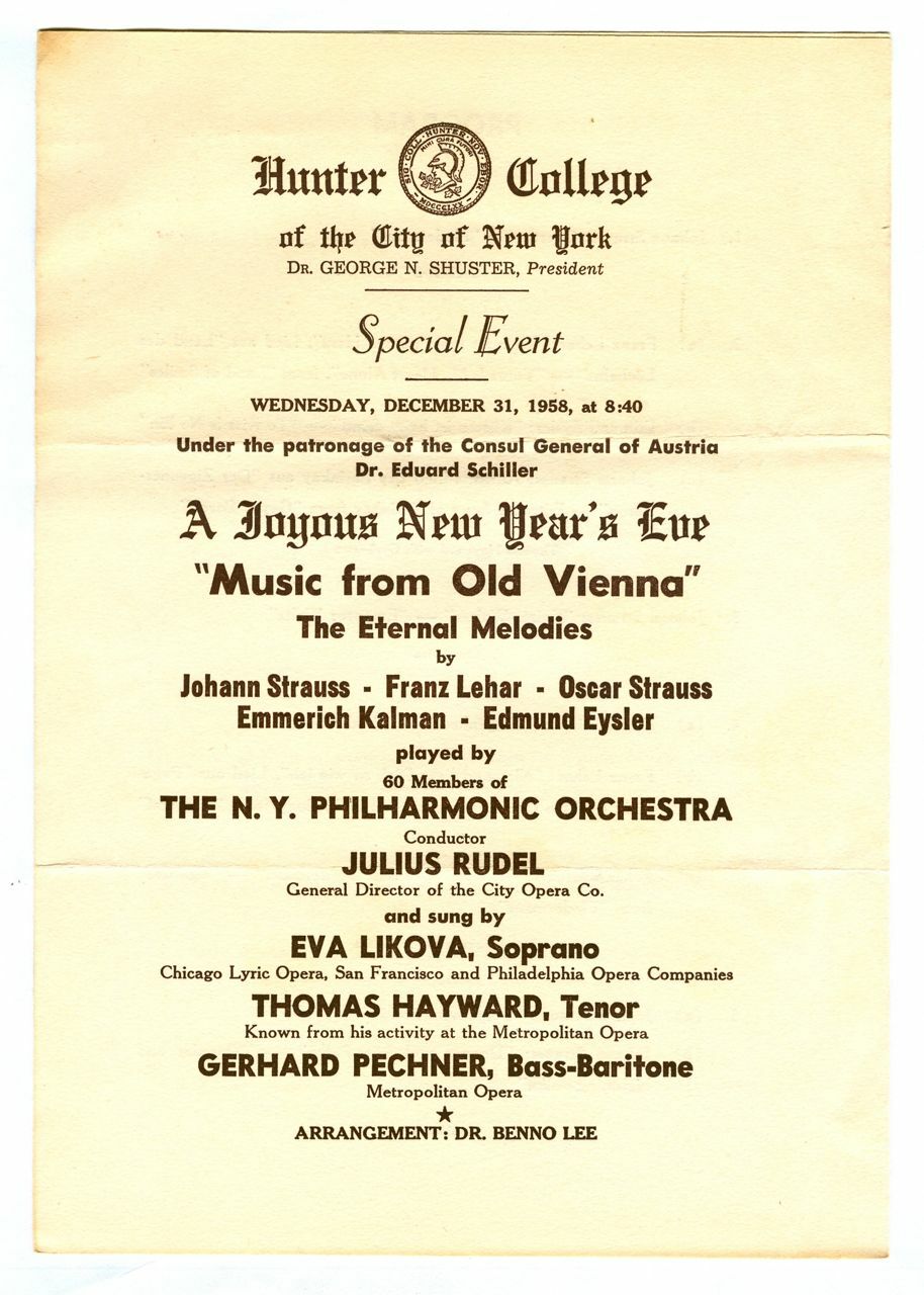 Vintage 1958 NEW YEAR’S EVE Hunter College NYC Concert Program! LIKOVA! PECHNER!