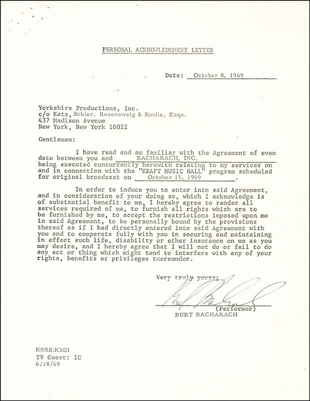 BURT BACHARACH – DOCUMENT SIGNED 10/08/1969