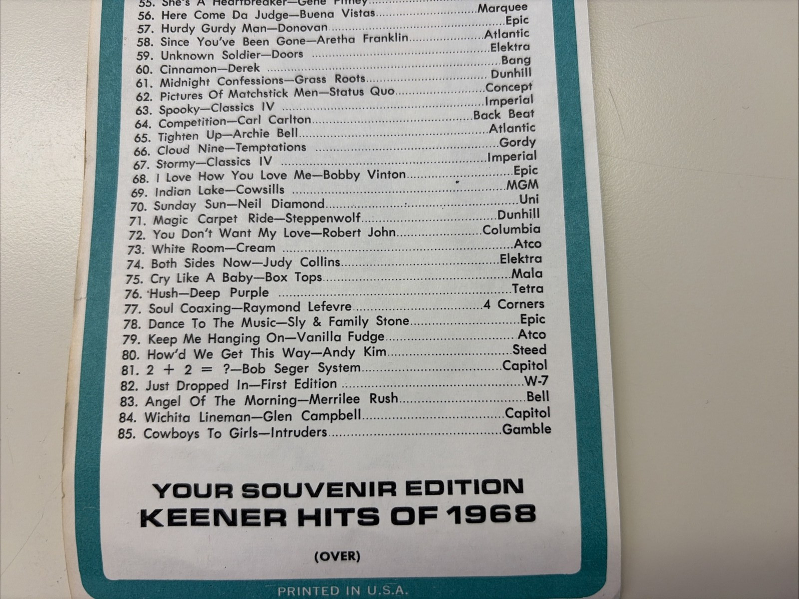 Detroit Radio WKNR Music Guide “Keener Hits of 1968”