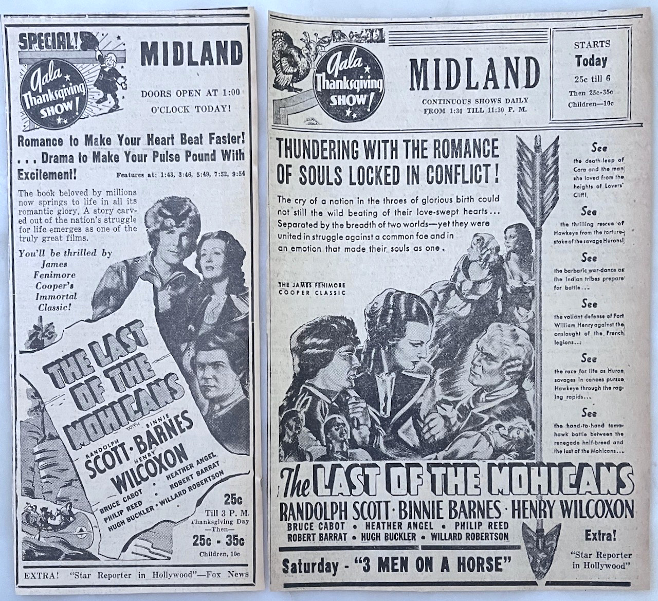 2 1936 newspaper ads for movie The Last of The Mohicans – historical adventure