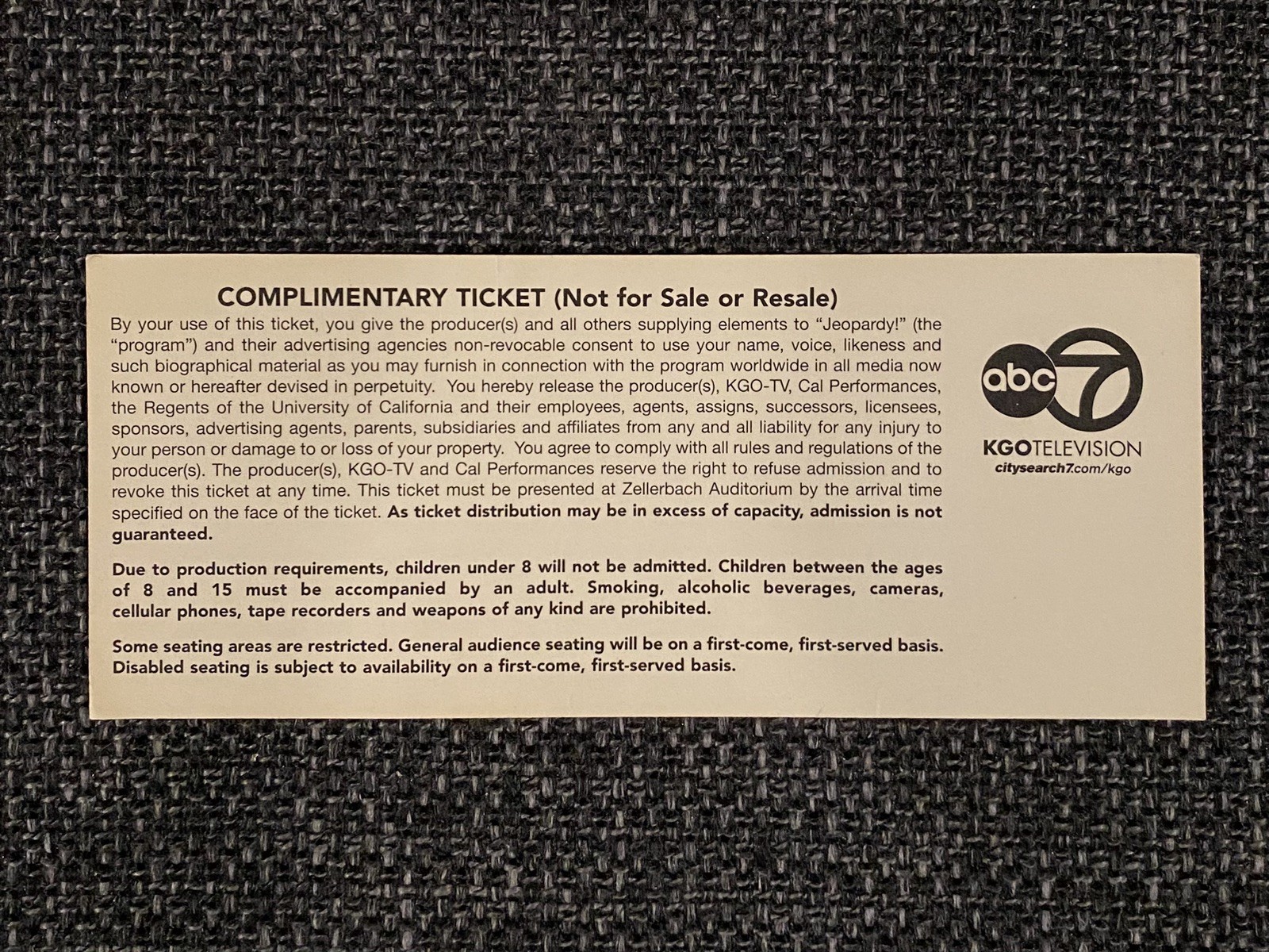 Jeopardy! College Championship Tournament Ticket 1998 TV Game Show Alex Trebek