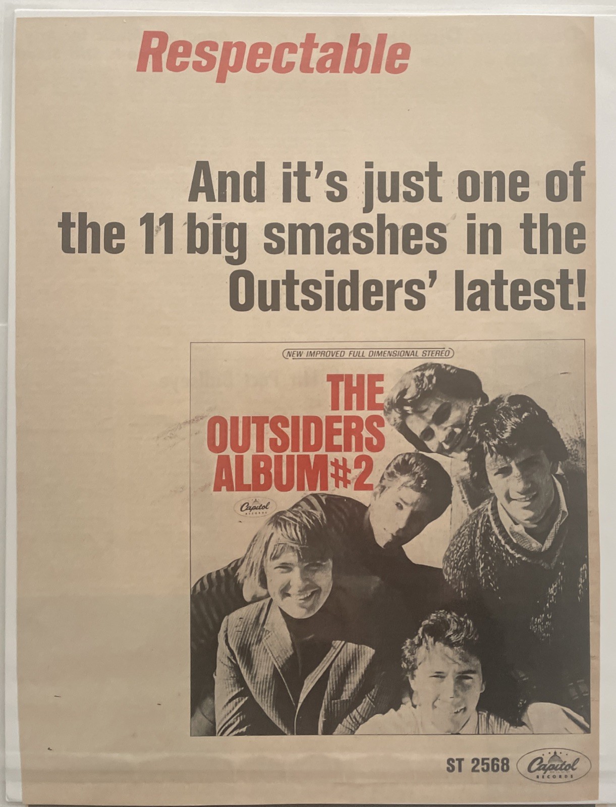 1967 THE OUTSIDERS, Respectable, Record Promo Ad