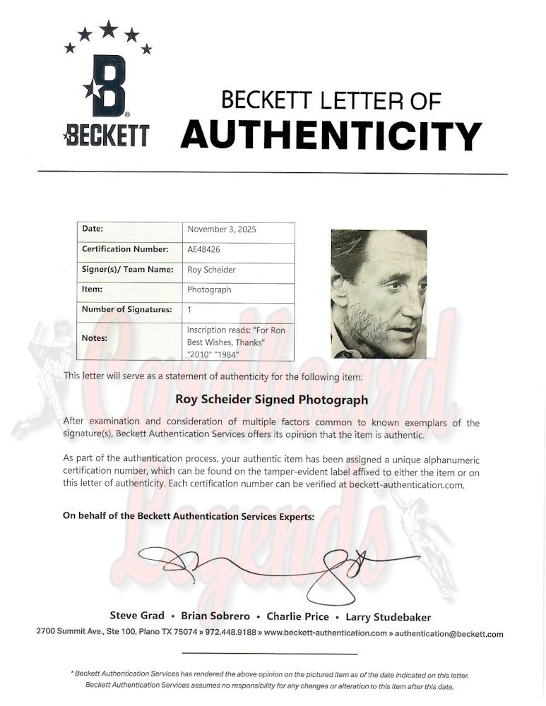 Roy Scheider Signed Autographed 8X10 Photo Jaws 1984 Personalized BAS AE48426