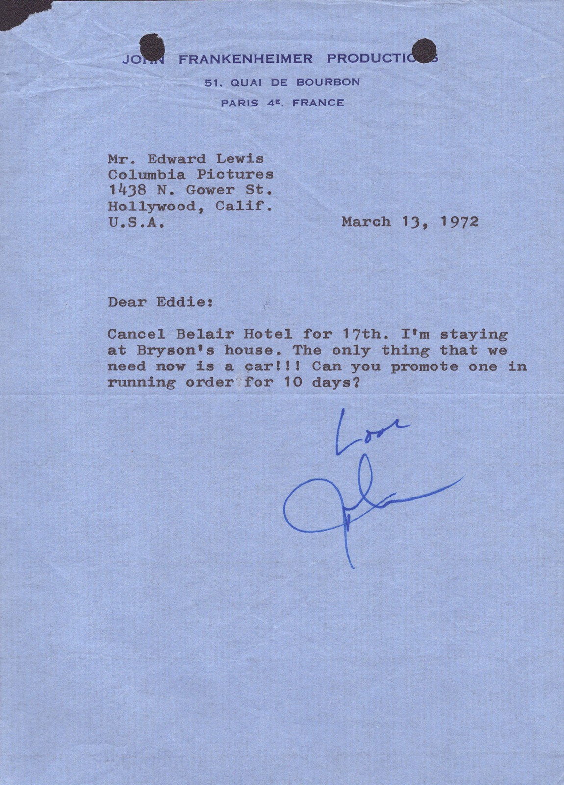 JOHN FRANKENHEIMER – TYPED LETTER SIGNED