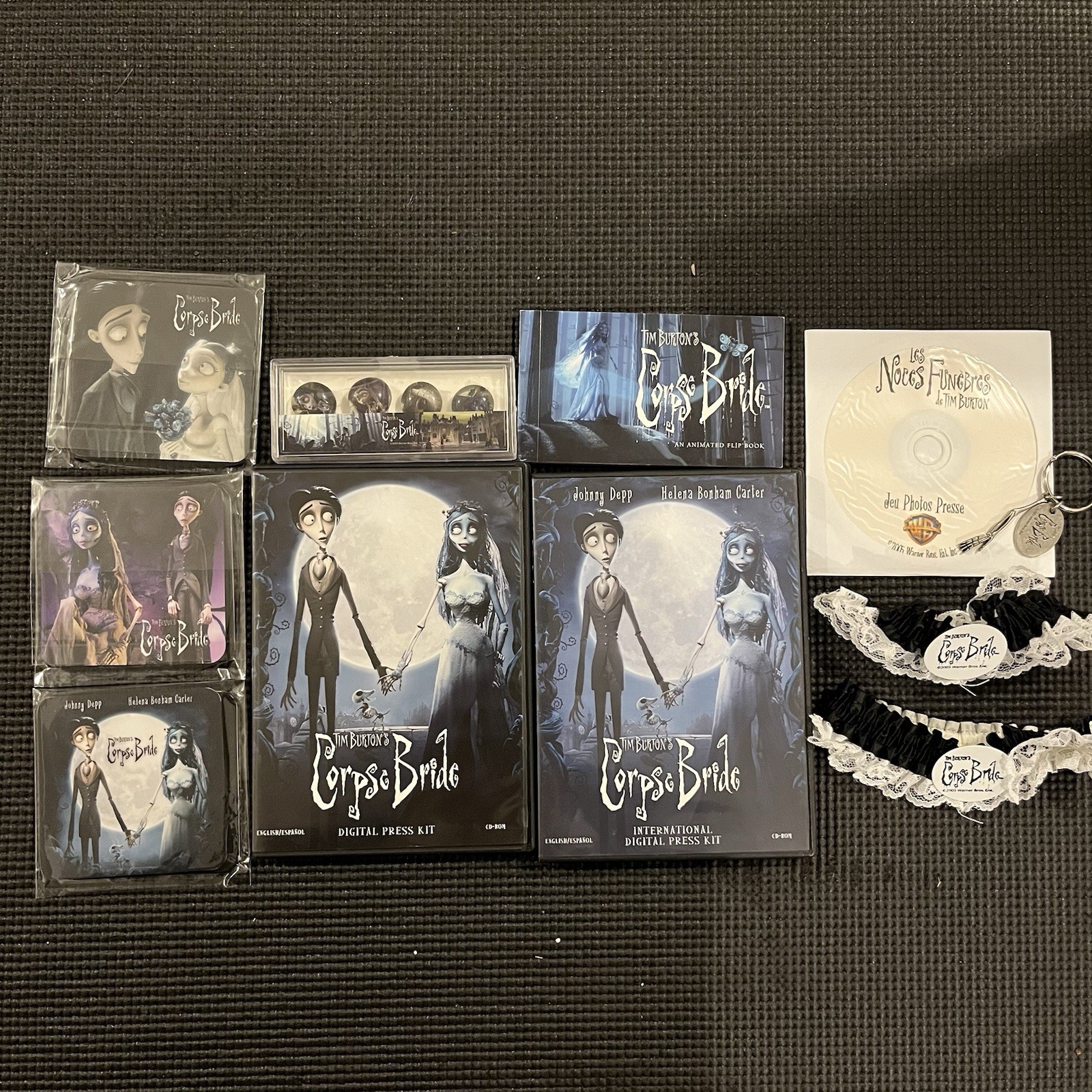 RARE Corpse Bride Lot Digital Press Kit,Flipbook,Magnets,Garters,Coaster,keychai