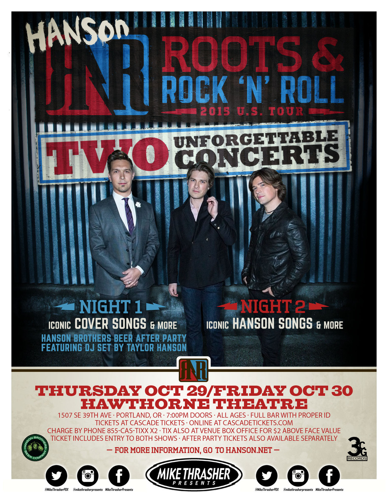 HANSON “ROOTS & ROCK ‘N’ ROLL TOUR” 2015 PORTLAND CONCERT POSTER- Pop Rock Music