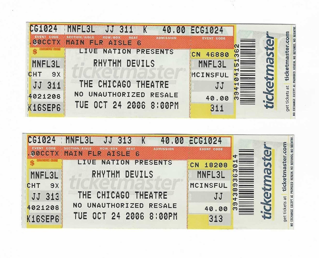 Rhythm Devils Unused Concert Tickets from 10/24/2006 Bill Kreutzmann Mickey Hart