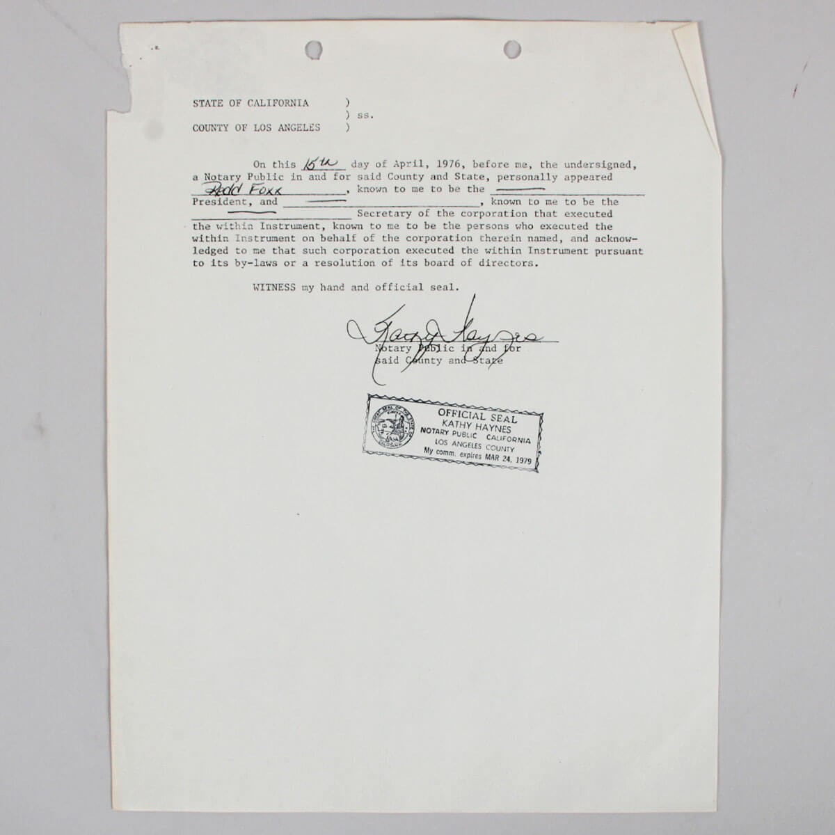 Redd Foxx Signed Contract – COA JSA