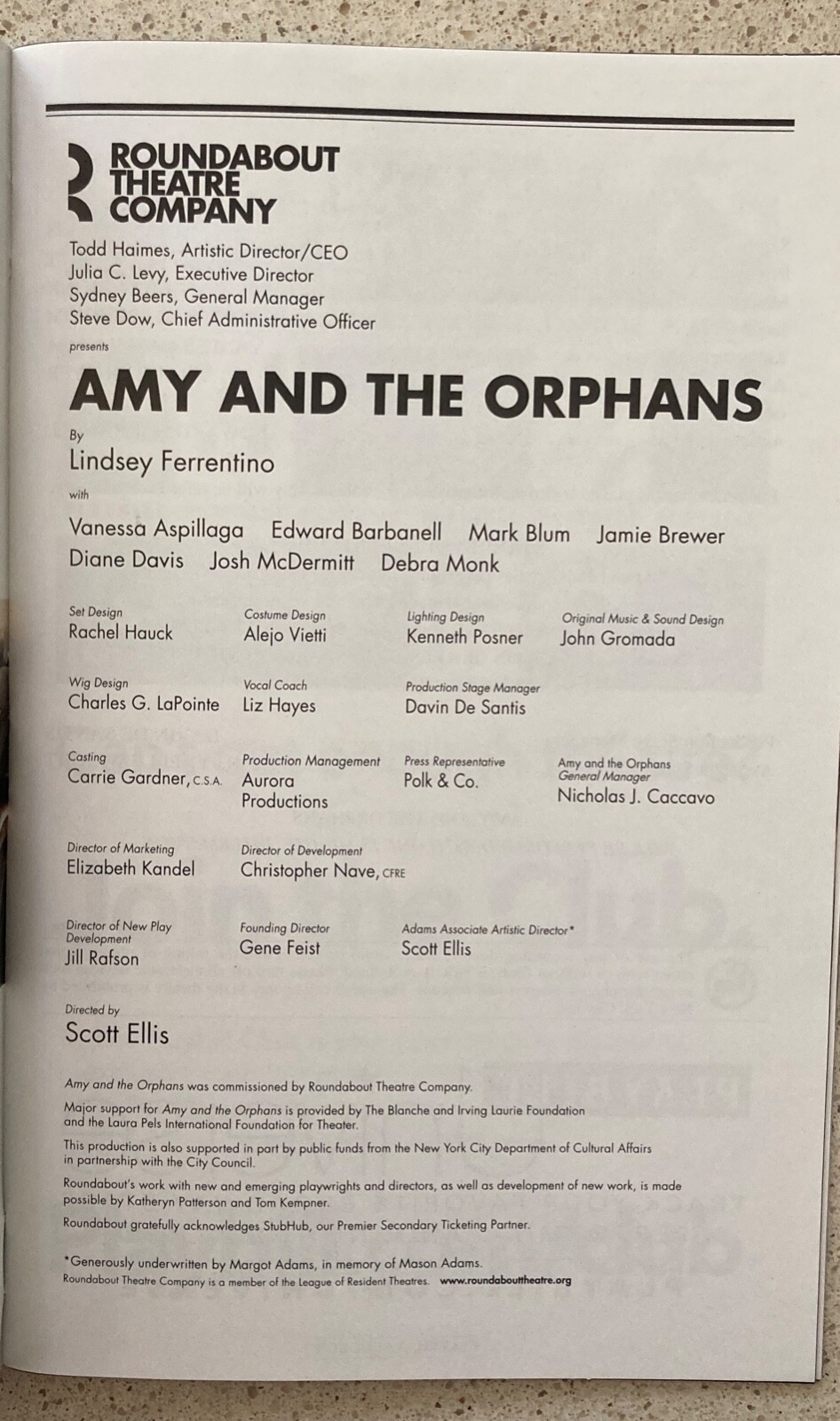 Playbill Amy and the Orphans Debra Monk Mark Blum Jamie Brewer Vanessa Aspillaga