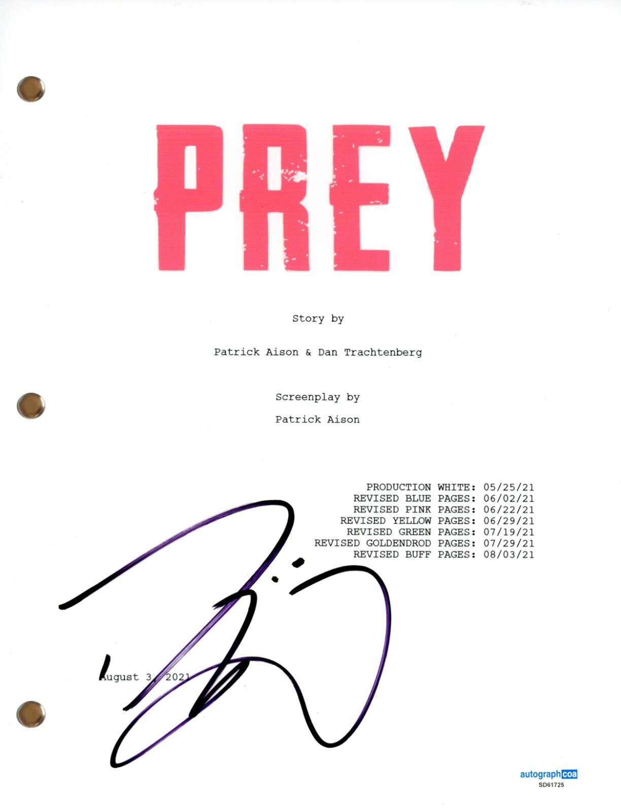 Dane DiLiegro “Prey” Signed Autograph Full Movie Script Screenplay Predator ACOA