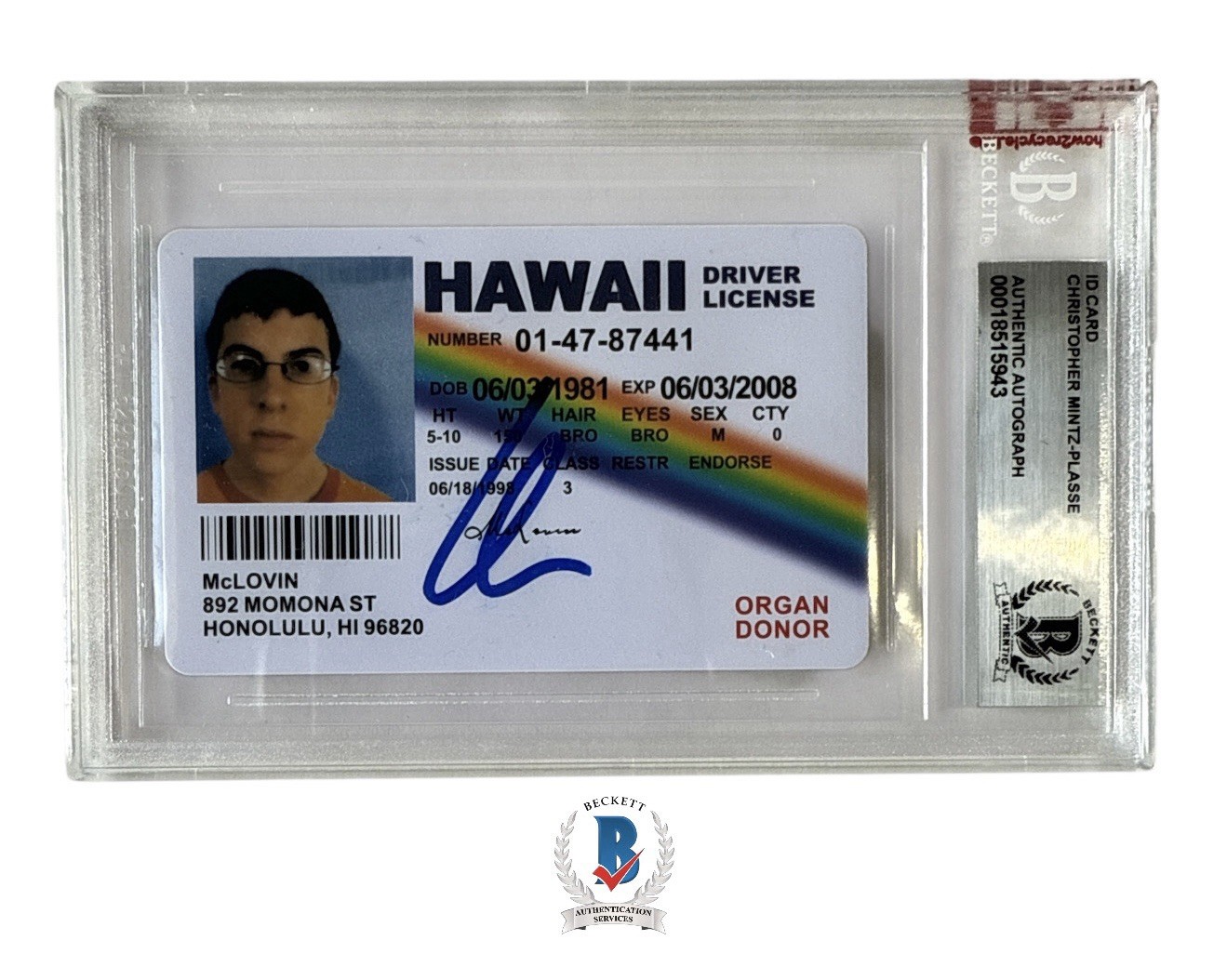 Christopher Mintz-Plasse Autograph Signed Superbad McLovin ID Beckett Encaps