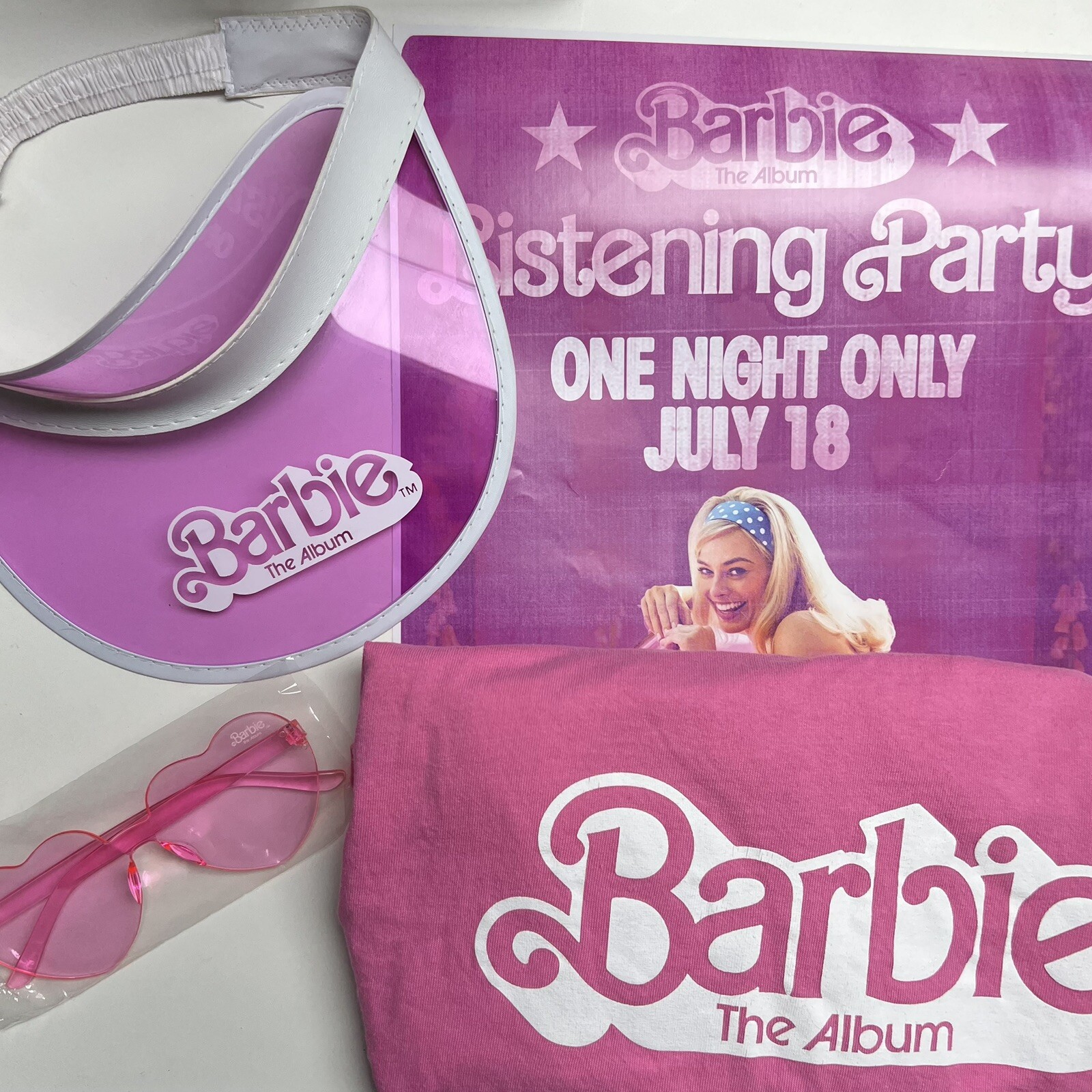 Barbie The Movie Listening Party Promotional Visor, Shirt, Poster & Sunglasses