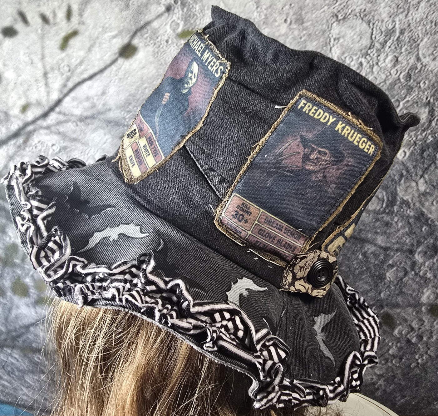 OOAK Handmade Boho Indie Top Hat Horror Movies Upcycle Adjustable M 22.5″ – 21″