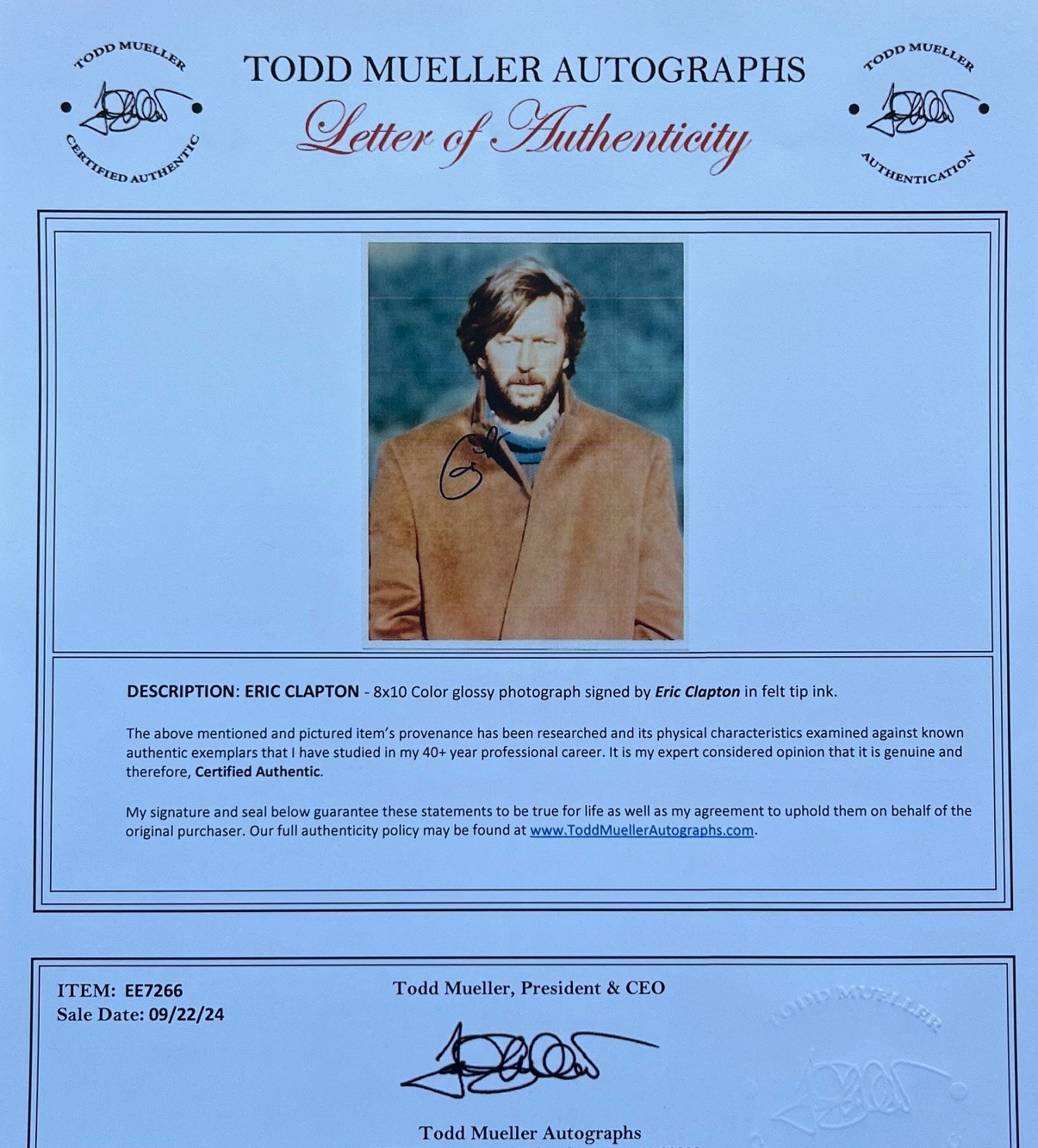ERIC CLAPTON signed 8″x 10″ autographed color photo TODD MUELLER LOA