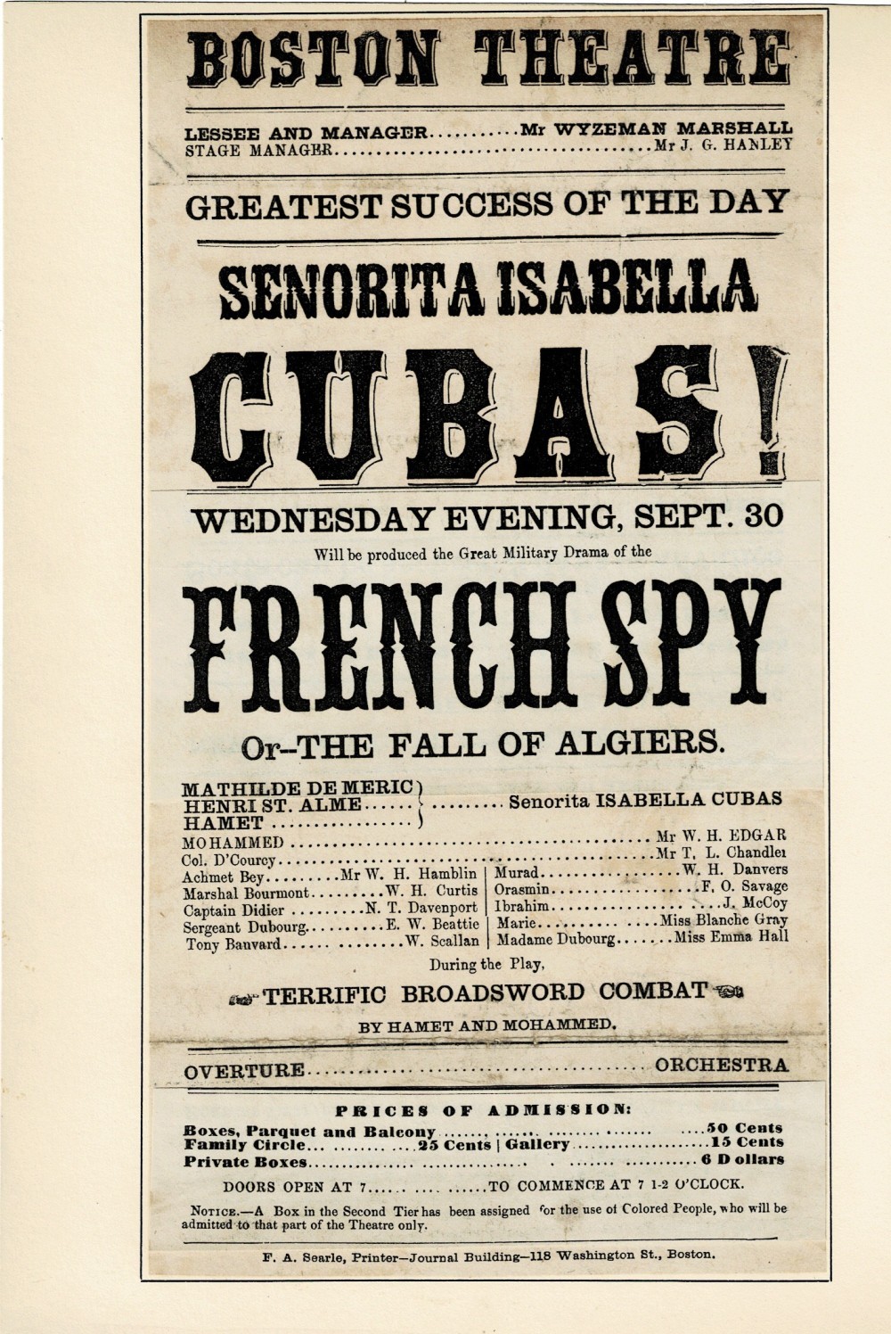 ORIG. 1863 Playbill ISABELLA CUBAS in the FRENCH SPY &c. at Boston Theatre