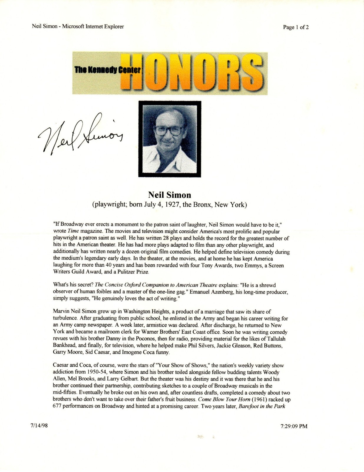 Playwright NEIL SIMON Autograph Signed Typed 1998 Biographical Entry w/ COA
