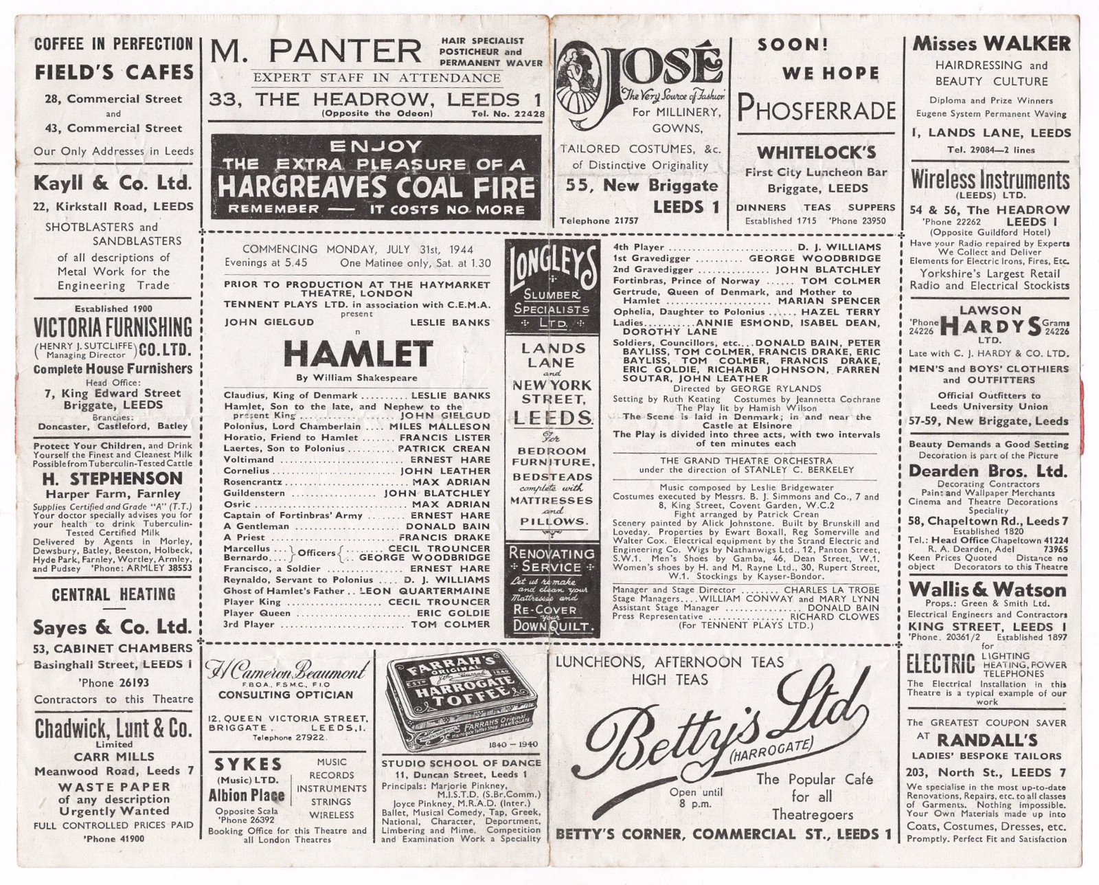 John Gielgud “HAMLET” Leslie Banks / Max Adrian 1944 Leeds Tryout Program