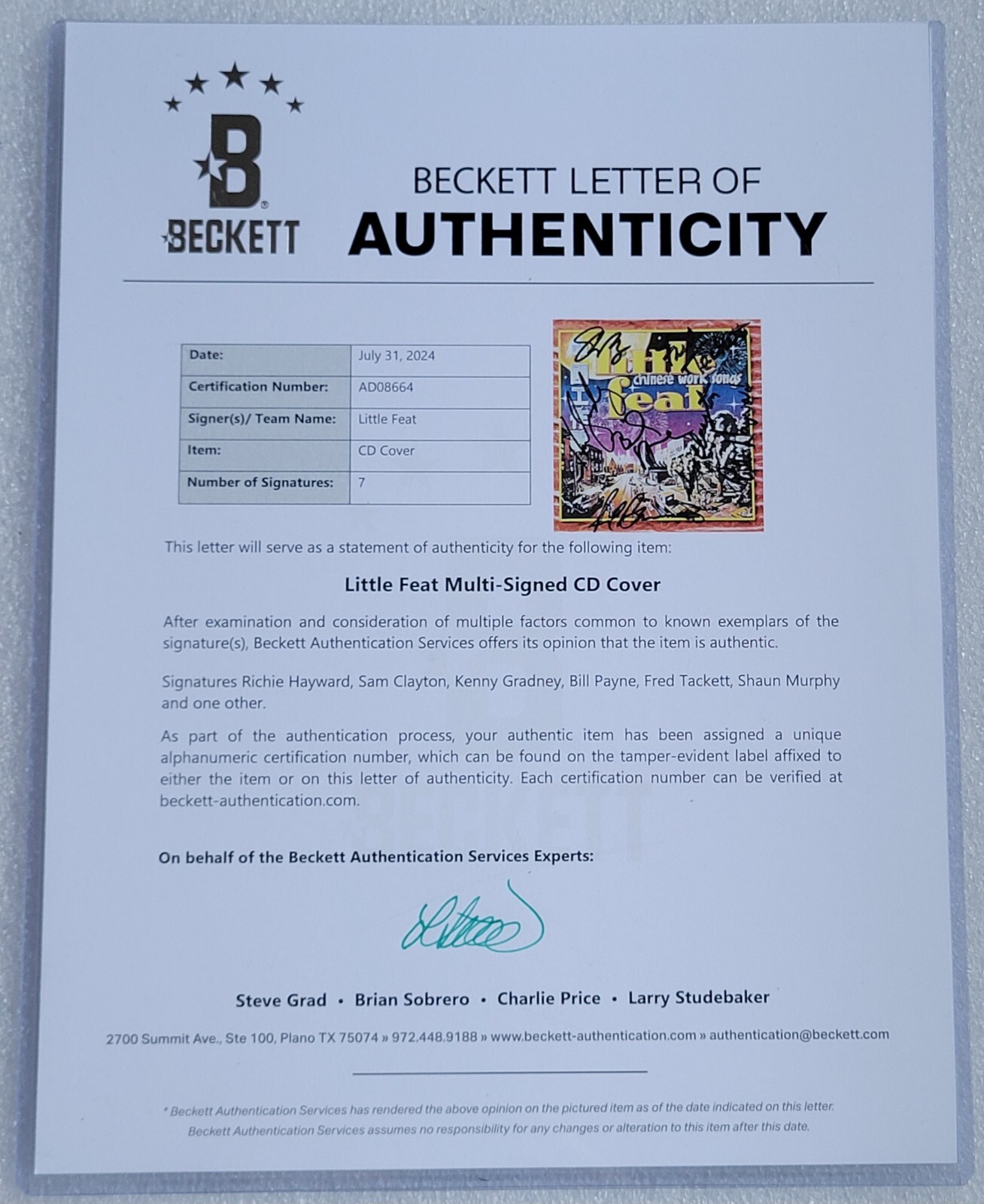 LITTLE FEAT AUTOGRAPHED BECKETT COA LOA BAS CD MUSIC DISPLAY SIGNED MUSIC BAND