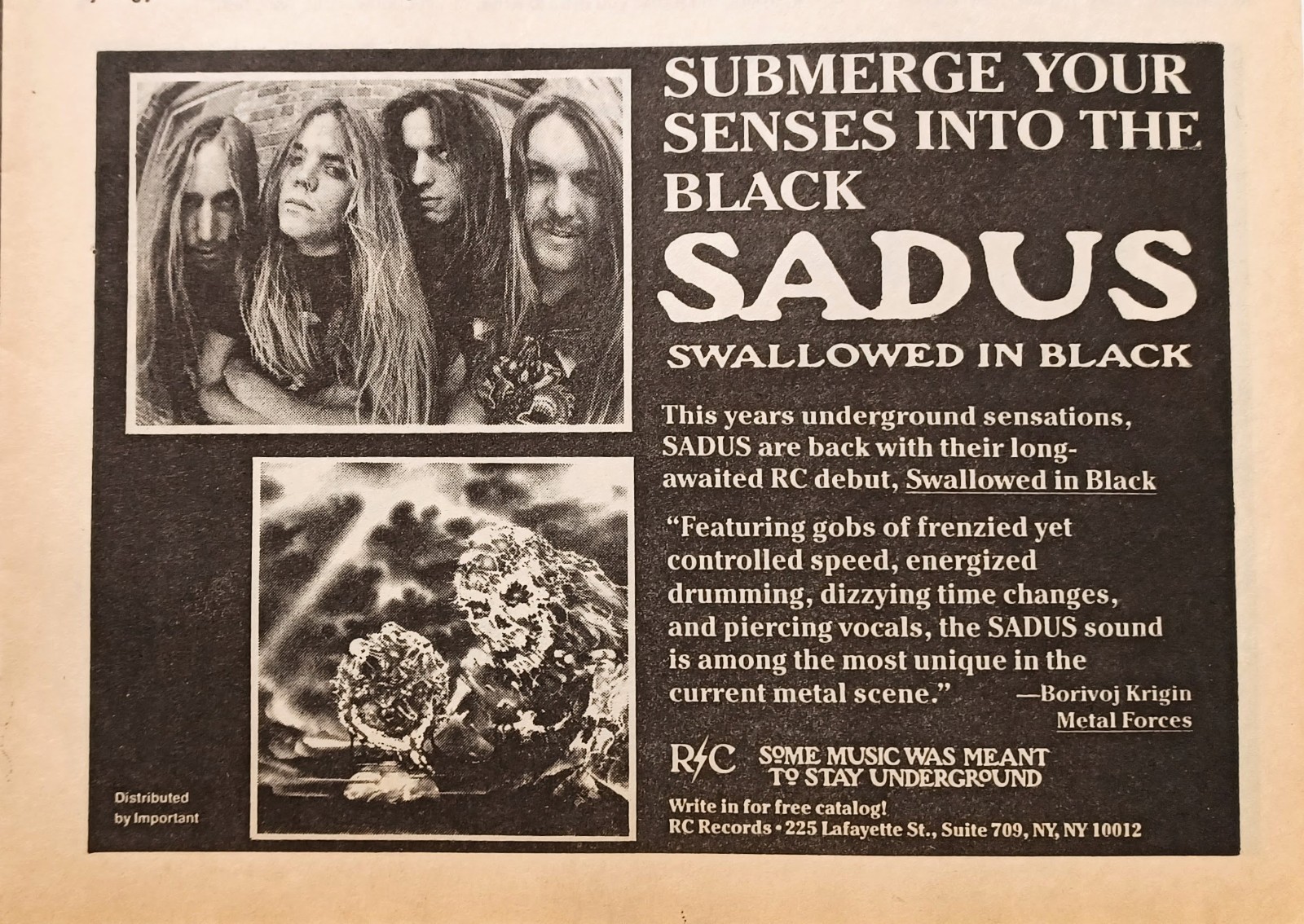 SADUS SWALLOWED IN BLACK~1991 ALBUM PROMO 5X8 MAGAZINE PRINT AD ADVERT CLIPPING