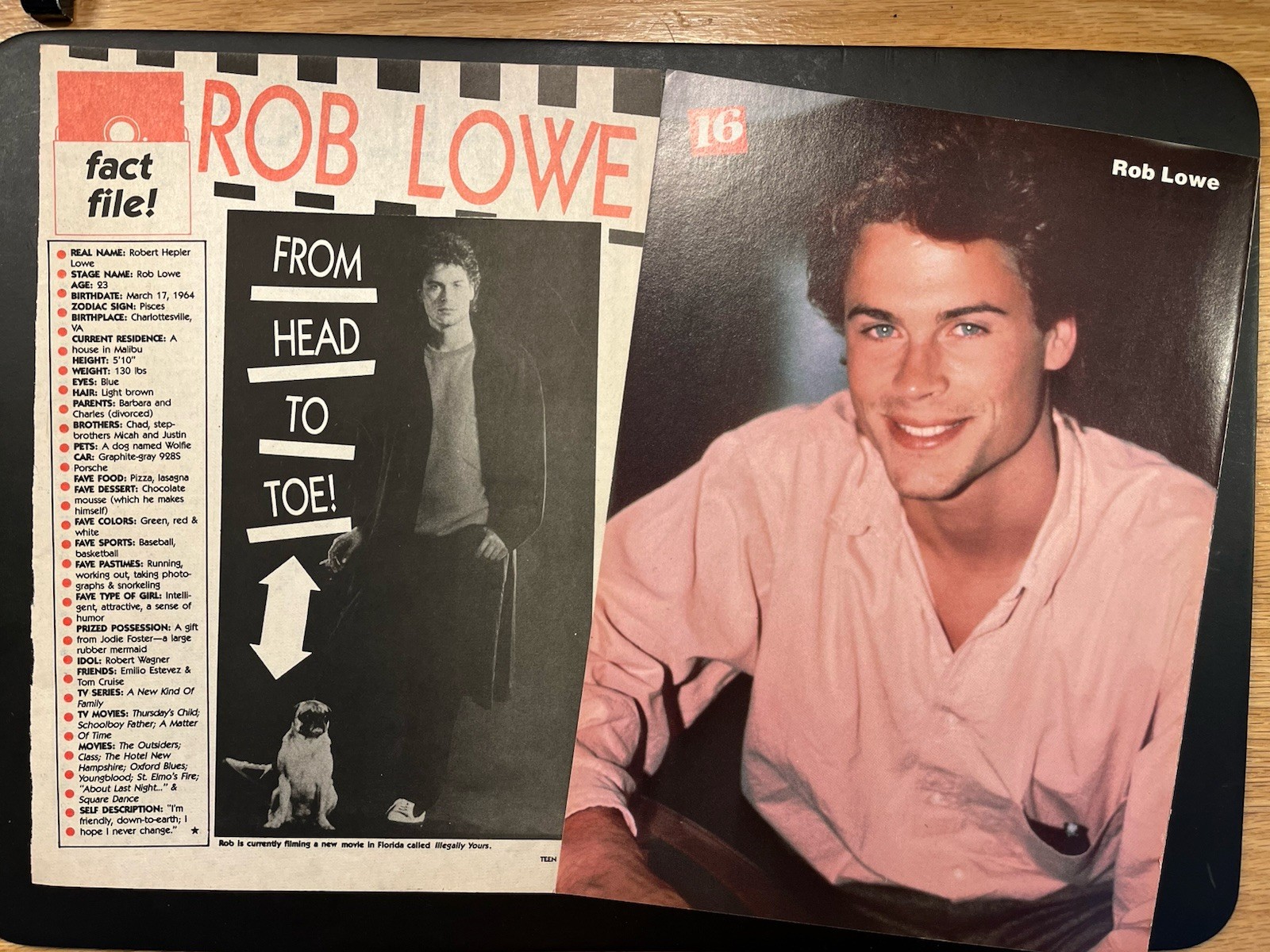 Rob Lowe Pinup & Clipping From 80’s Teen Magazine.