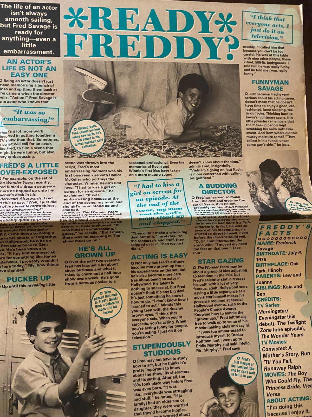 Fred Savage, The Wonder Years, Two Page Vintage Clipping, c