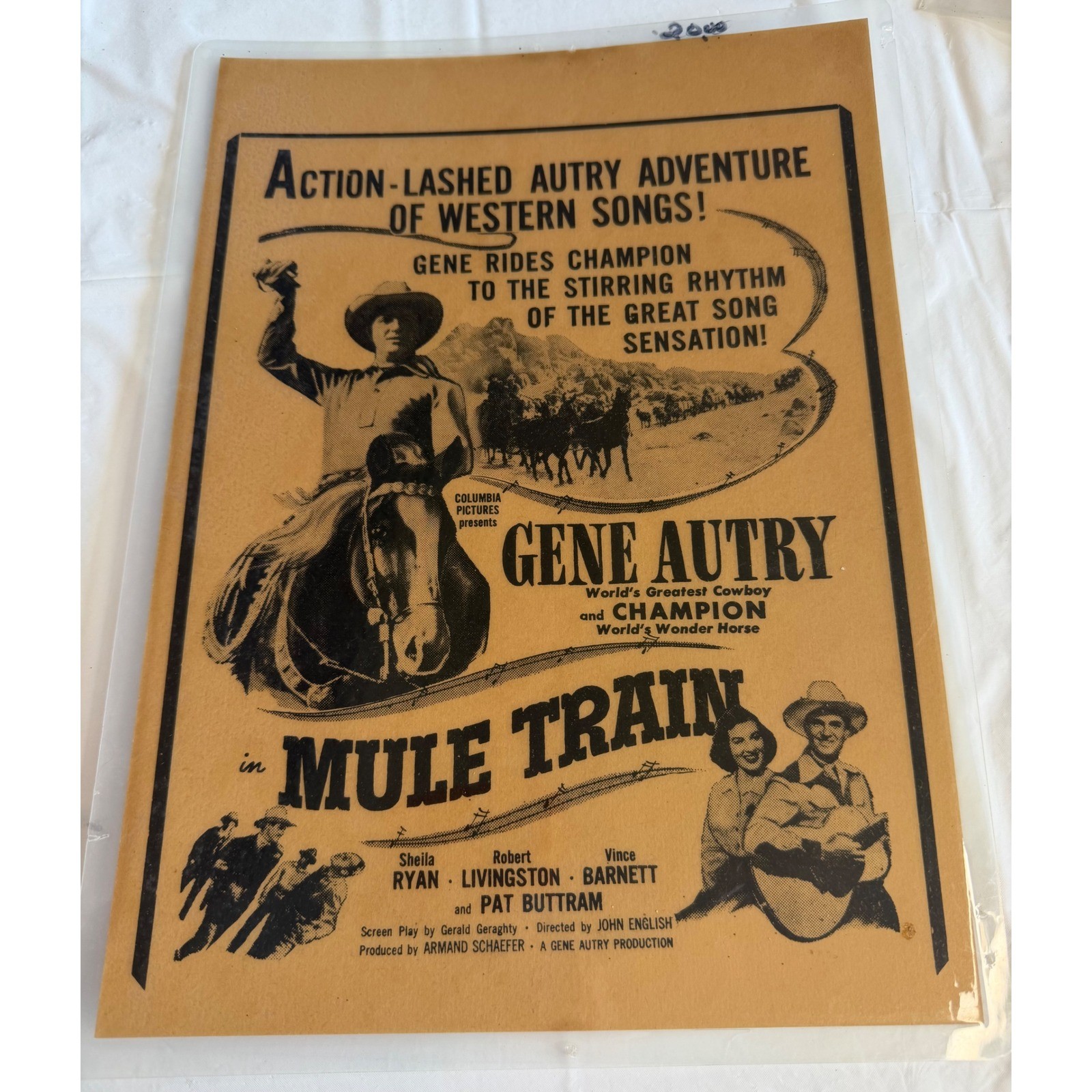 Vintage Gene Autry Mule Train Movie Poster Window Card Columbia Pictures S008