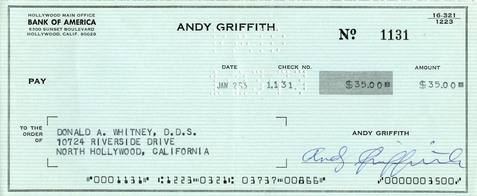 Andy Griffith Personally Signed Original Cancelled Check 1973 Hollywood Bank