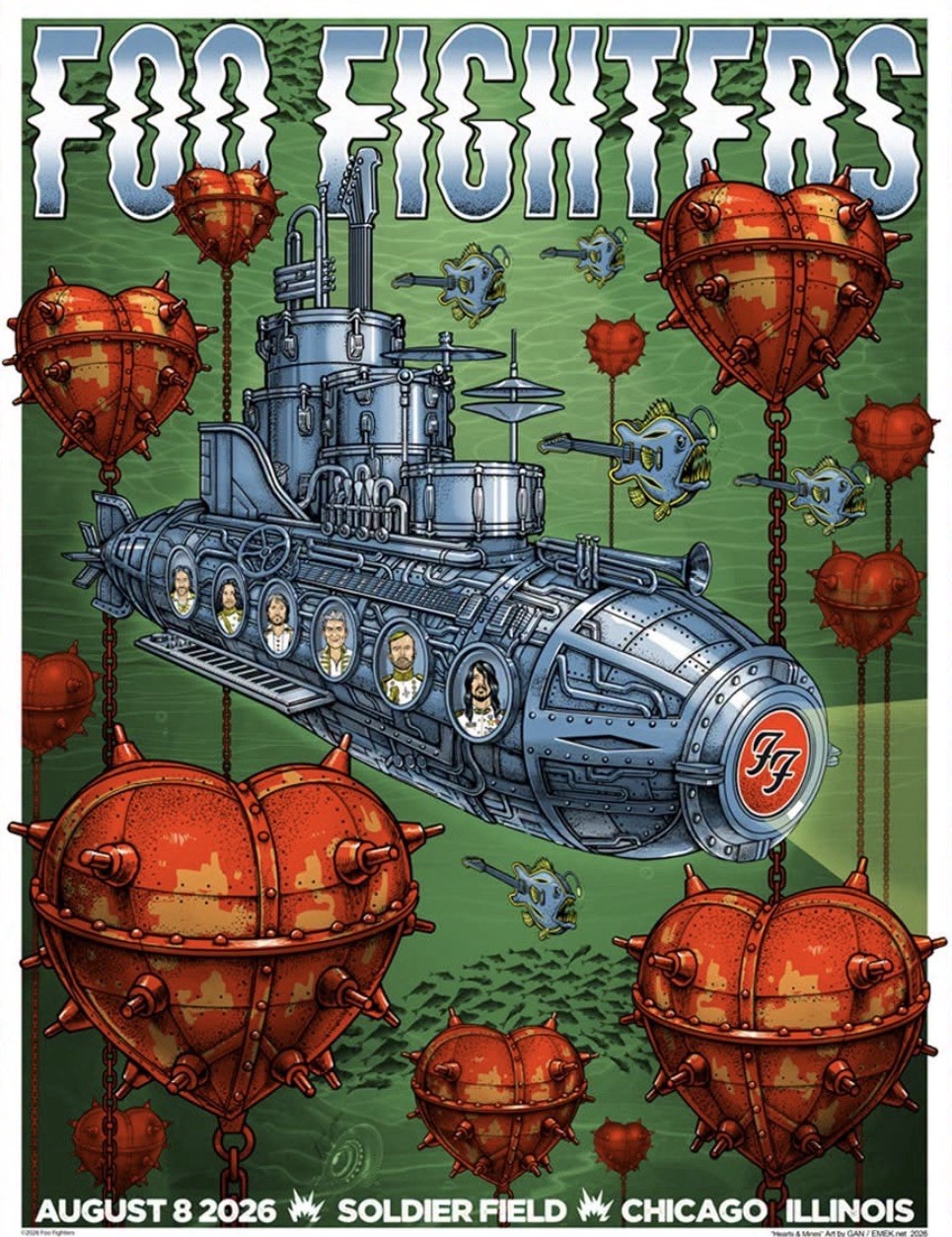FOO FIGHTERS 8/8/2026 SOLDIER FIELD CHICAGO LITHO POSTER #/835! EMEK! AUTHENTIC!