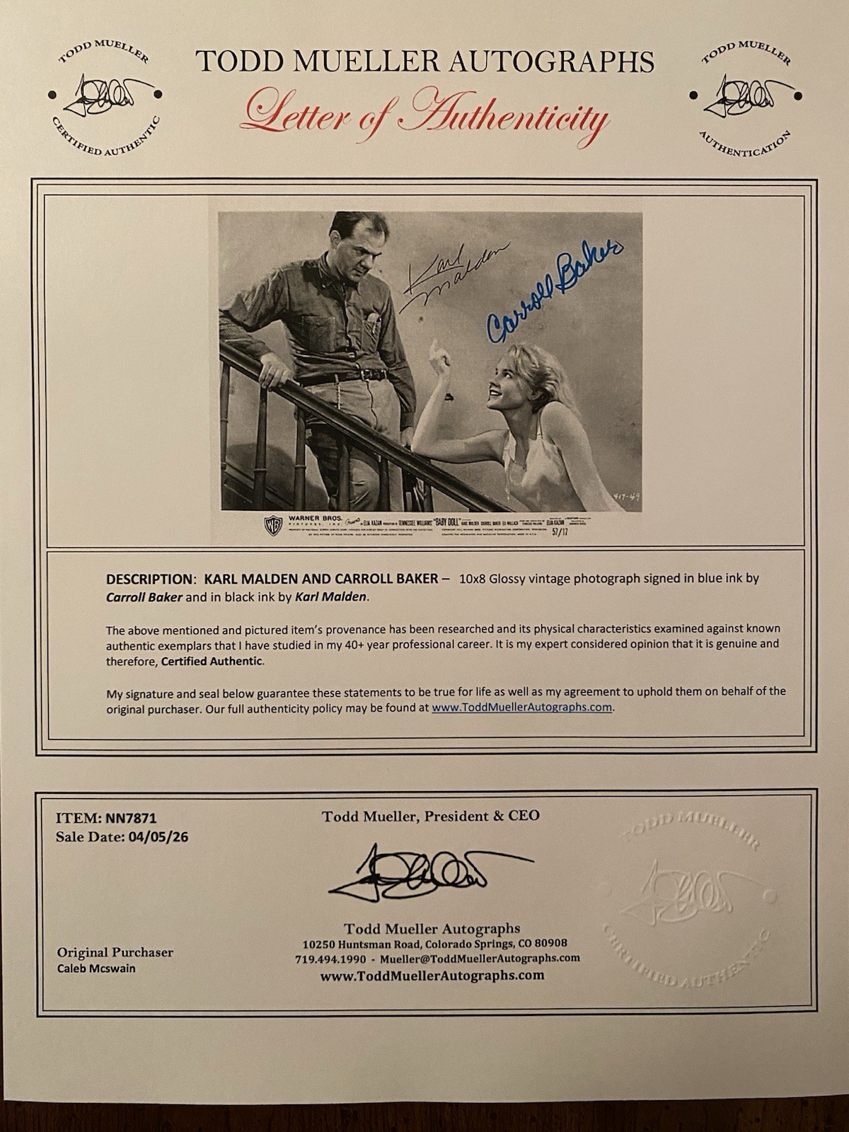 Carroll Baker Karl Malden Signed Autographed Vintage Photo With COA Baby Doll