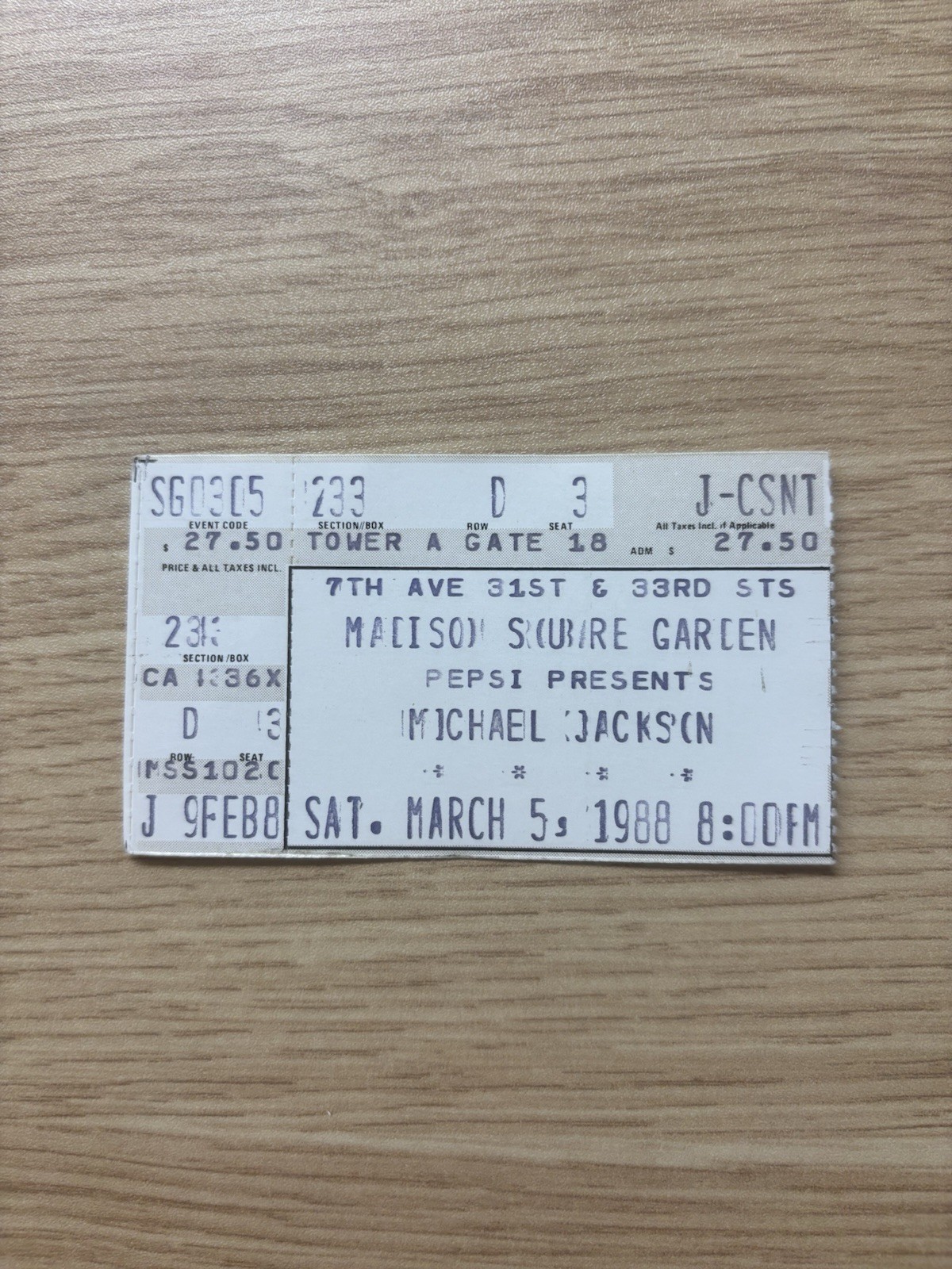 Michael Jackson TICKET STUB 3/5/1988 CONCERT MSG SQUARE GARDEN BAD WORLD TOUR