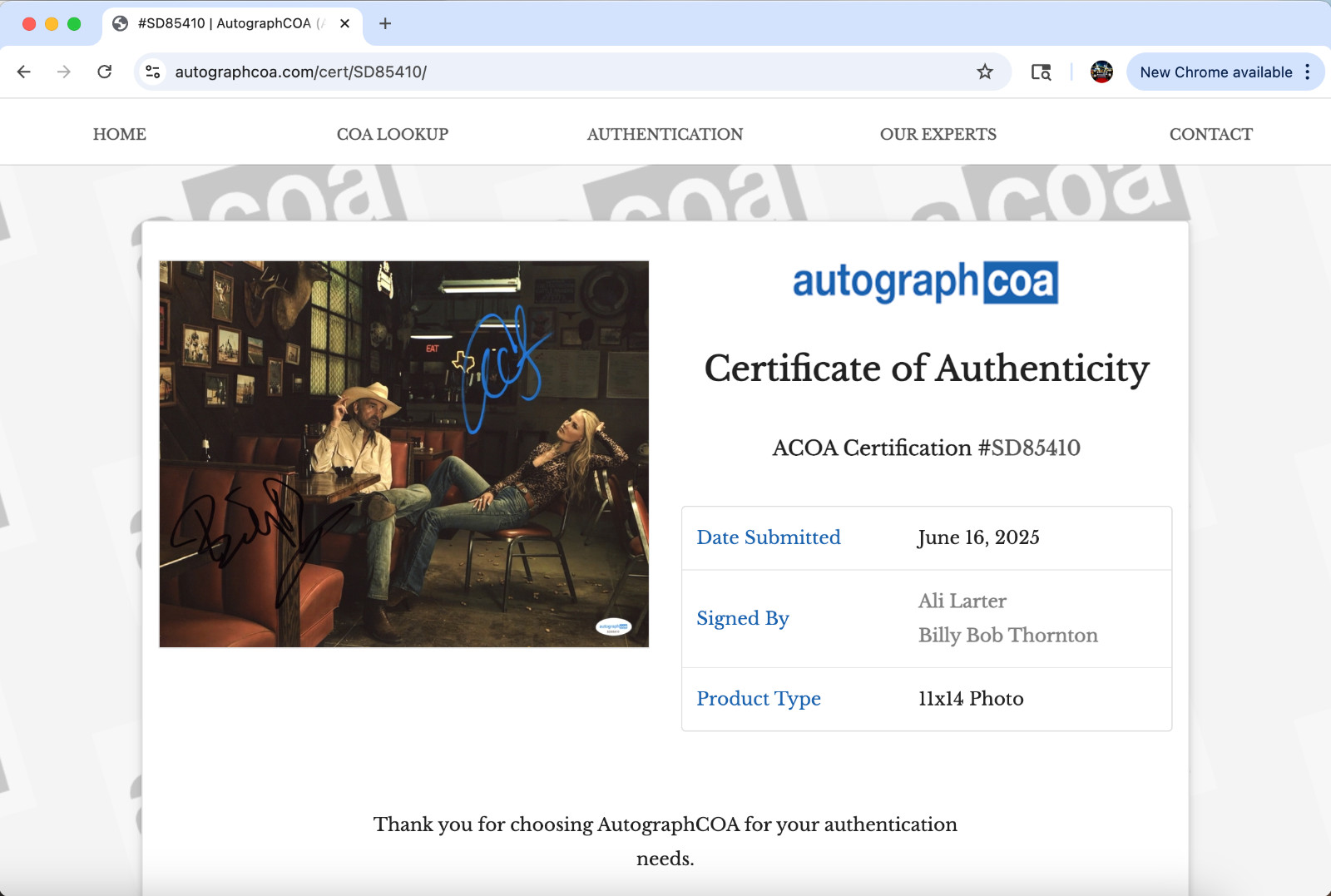 Ali Larter Billy Bob Thornton signed 11×14 photo autograph ACOA COA Landman cast